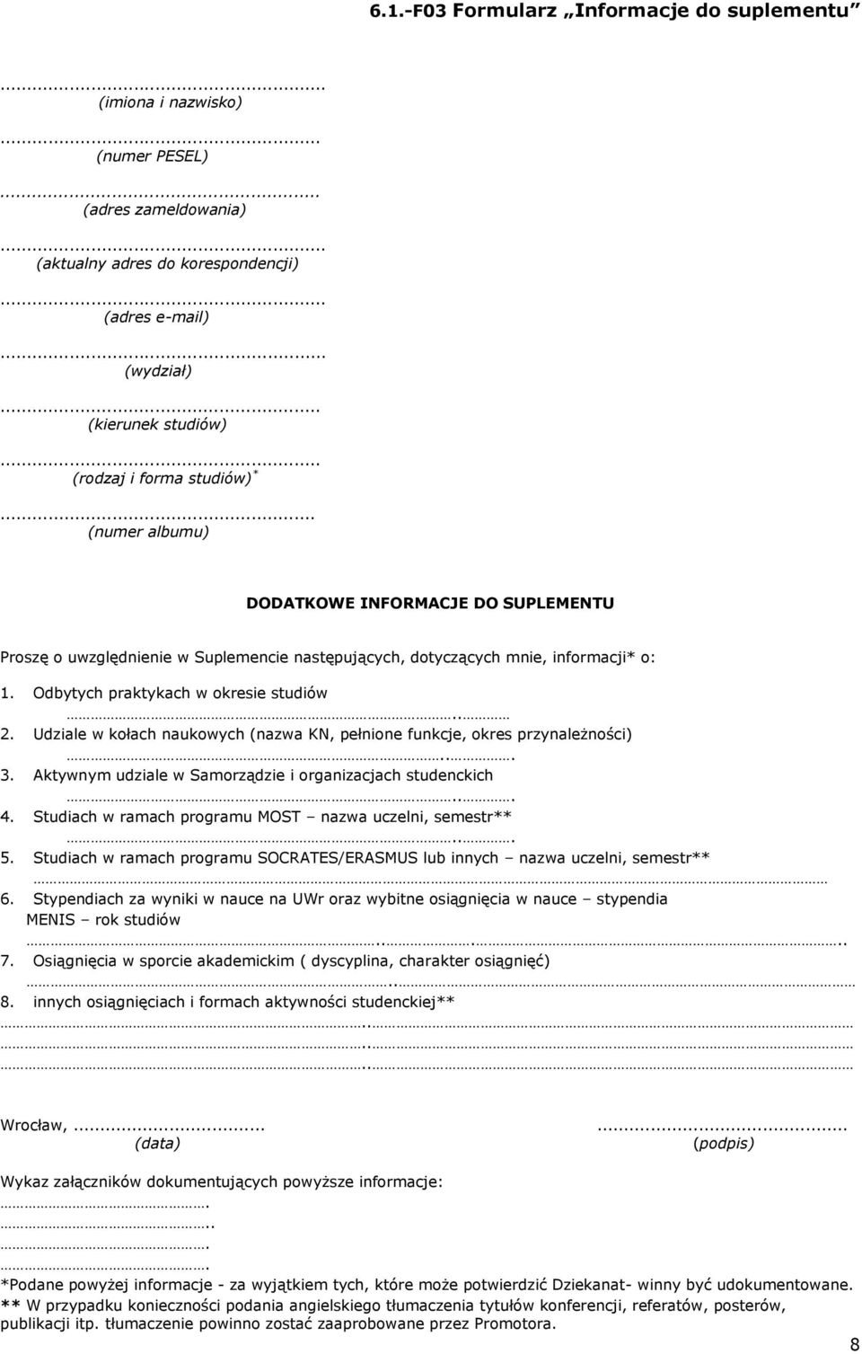 Odbytych praktykach w okresie studiów.. 2. Udziale w kołach naukowych (nazwa KN, pełnione funkcje, okres przynależności)... 3. Aktywnym udziale w Samorządzie i organizacjach studenckich... 4.