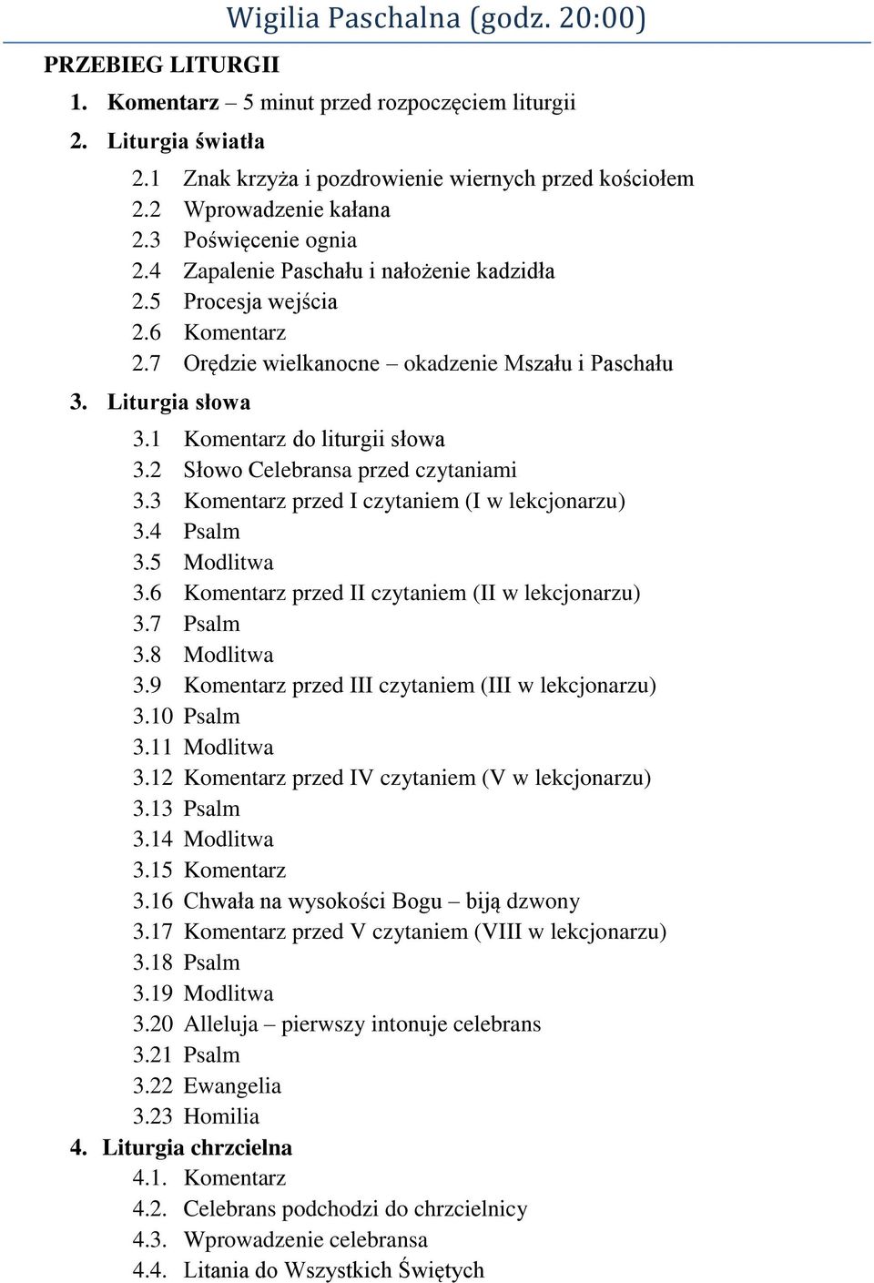1 Komentarz do liturgii słowa 3.2 Słowo Celebransa przed czytaniami 3.3 Komentarz przed I czytaniem (I w lekcjonarzu) 3.4 Psalm 3.5 Modlitwa 3.6 Komentarz przed II czytaniem (II w lekcjonarzu) 3.