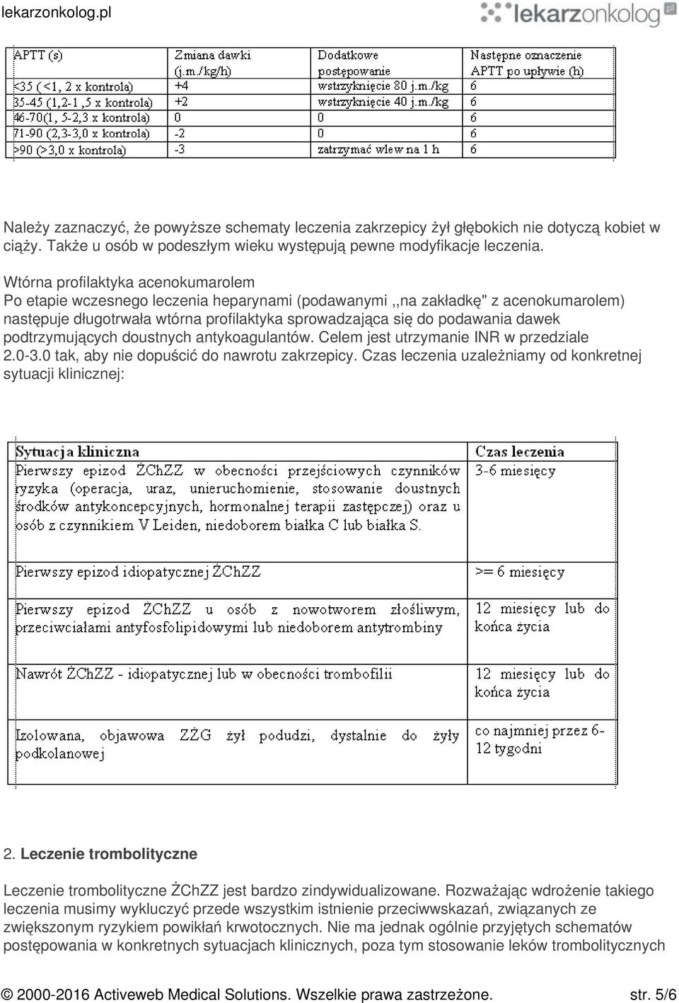 podtrzymujących doustnych antykoagulantów. Celem jest utrzymanie INR w przedziale 2.0-3.0 tak, aby nie dopuścić do nawrotu zakrzepicy. Czas leczenia uzależniamy od konkretnej sytuacji klinicznej: 2.