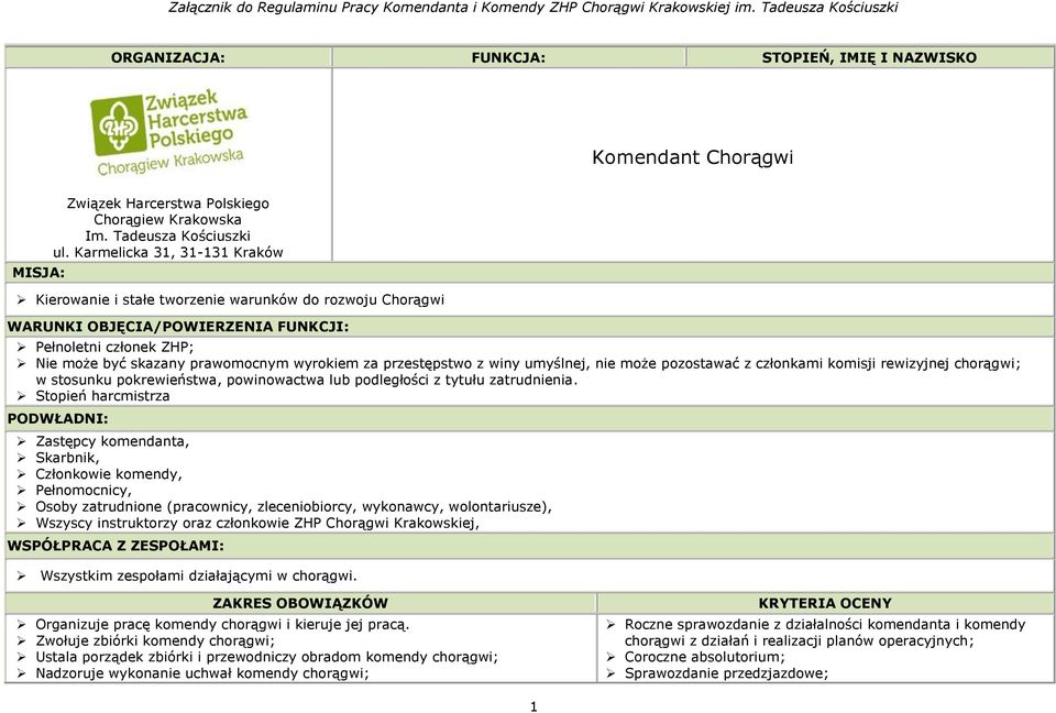 przestępstwo z winy umyślnej, nie może pozostawać z członkami komisji rewizyjnej chorągwi; w stosunku pokrewieństwa, powinowactwa lub podległości z tytułu zatrudnienia.