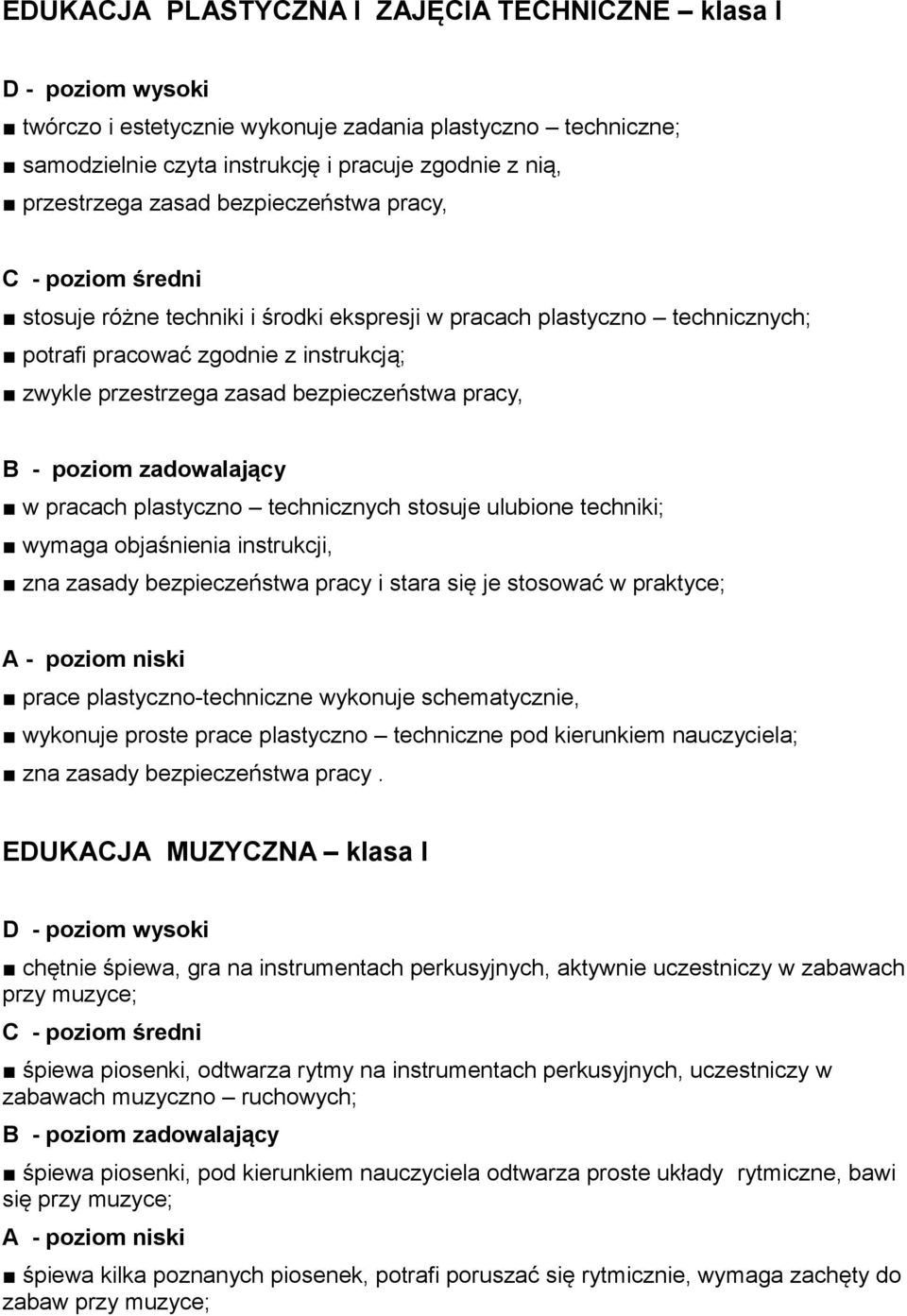 technicznych stosuje ulubione techniki; wymaga objaśnienia instrukcji, zna zasady bezpieczeństwa pracy i stara się je stosować w praktyce; A - poziom niski prace plastyczno-techniczne wykonuje