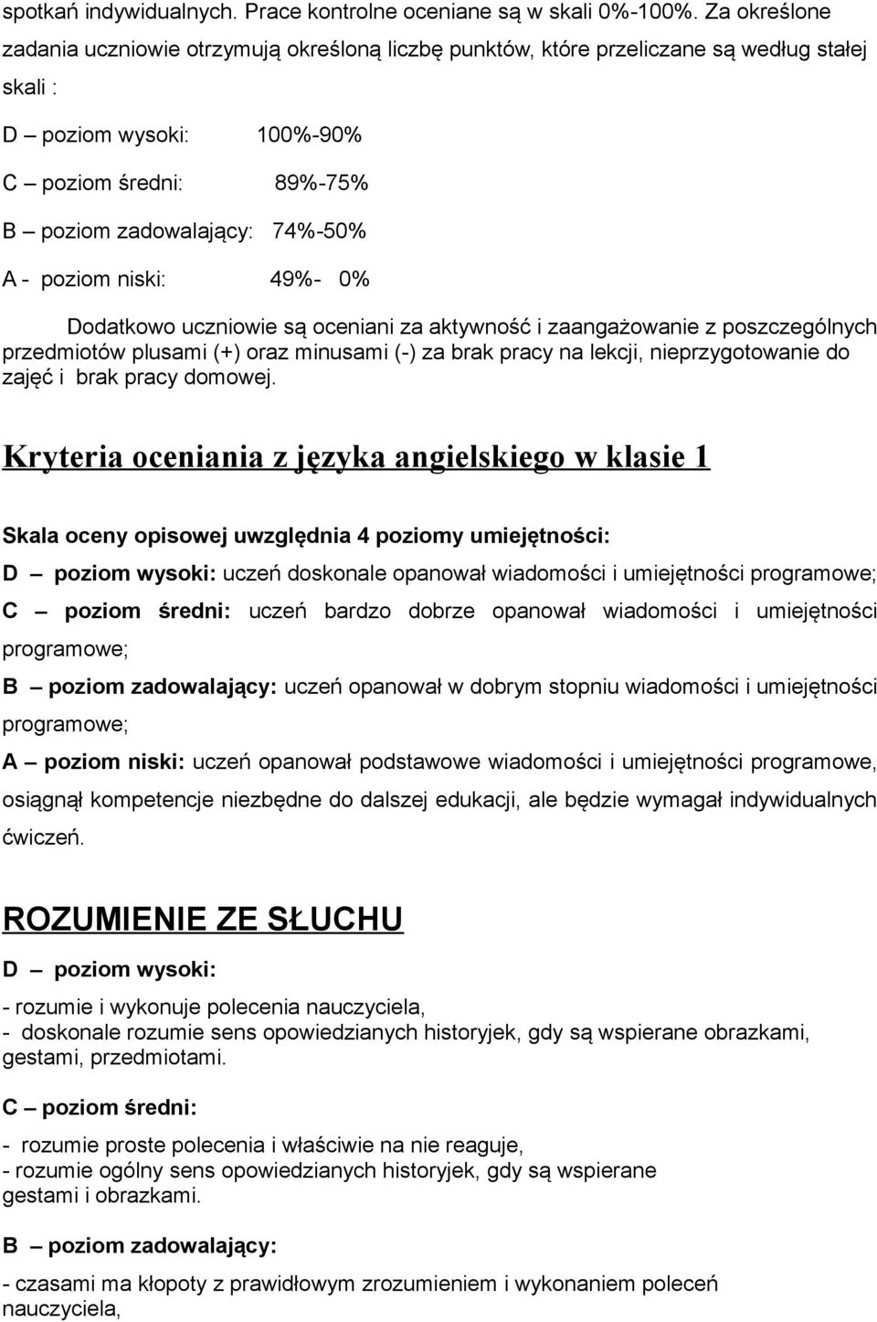 poziom niski: 49%- 0% Dodatkowo uczniowie są oceniani za aktywność i zaangażowanie z poszczególnych przedmiotów plusami (+) oraz minusami (-) za brak pracy na lekcji, nieprzygotowanie do zajęć i brak