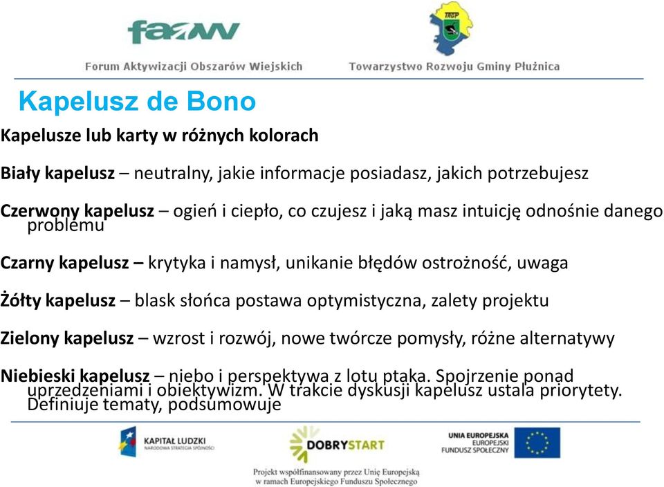 kapelusz blask słooca postawa optymistyczna, zalety projektu Zielony kapelusz wzrost i rozwój, nowe twórcze pomysły, różne alternatywy Niebieski