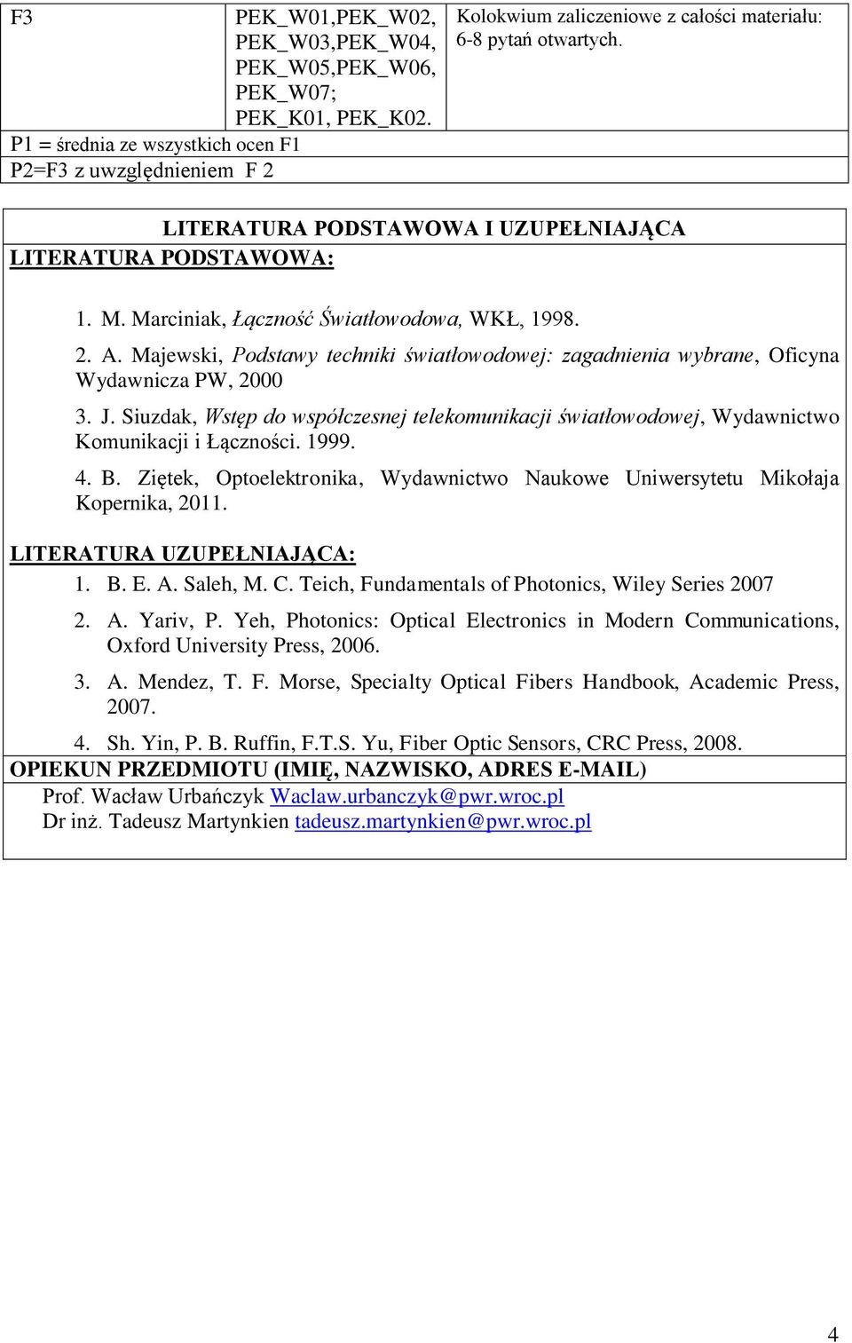 Marciniak, Łączność Światłowodowa, WKŁ, 1998.. A. Majewski, Podstawy techniki światłowodowej: zagadnienia wybrane, Oficyna Wydawnicza PW, 000 3. J.