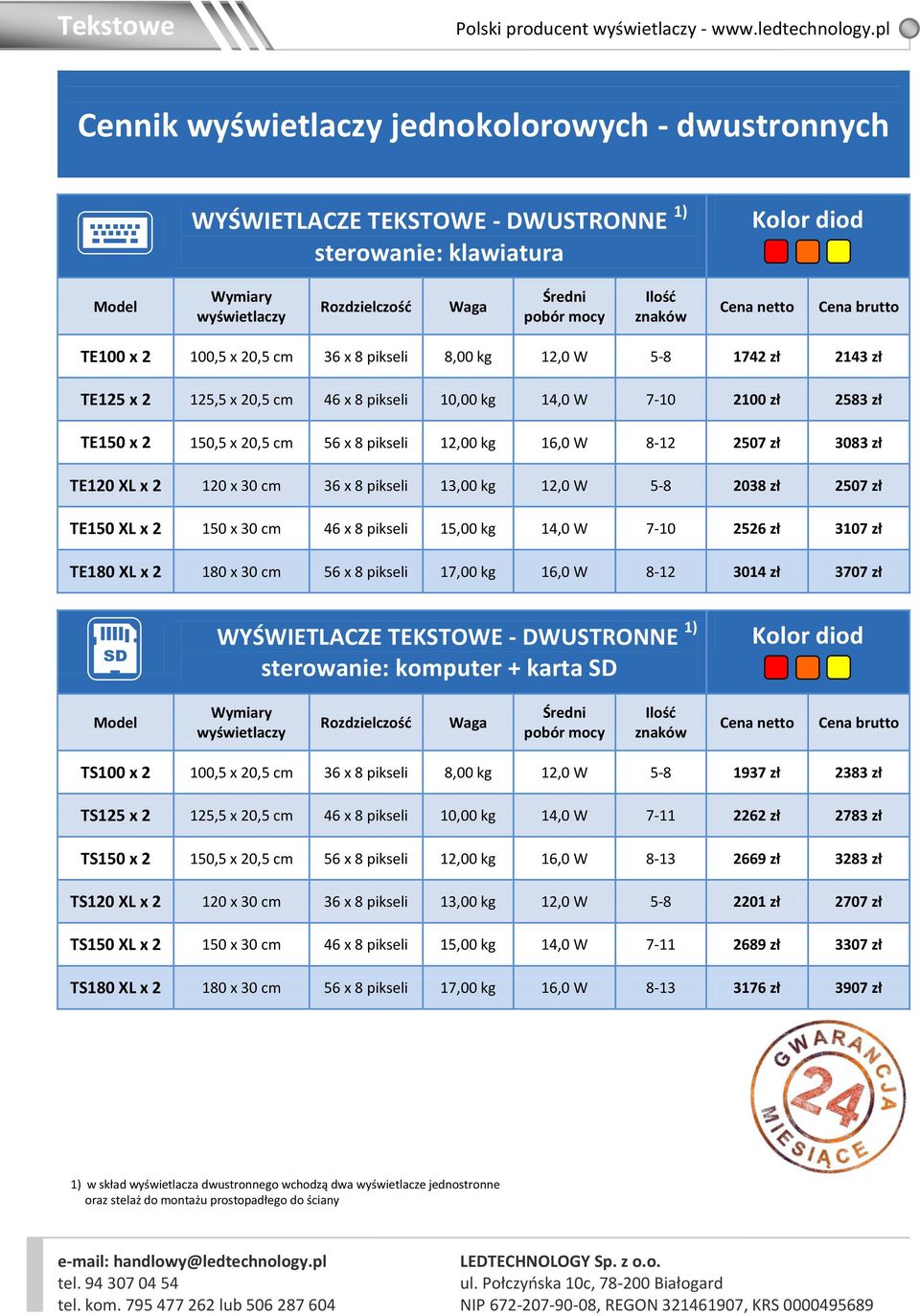 x 8 pikseli 13,00 kg 12,0 W 5-8 2038 zł 2507 zł TE150 XL x 2 150 x 30 cm 46 x 8 pikseli 15,00 kg 14,0 W 7-10 2526 zł 3107 zł TE180 XL x 2 180 x 30 cm 56 x 8 pikseli 17,00 kg 16,0 W 8-12 3014 zł 3707