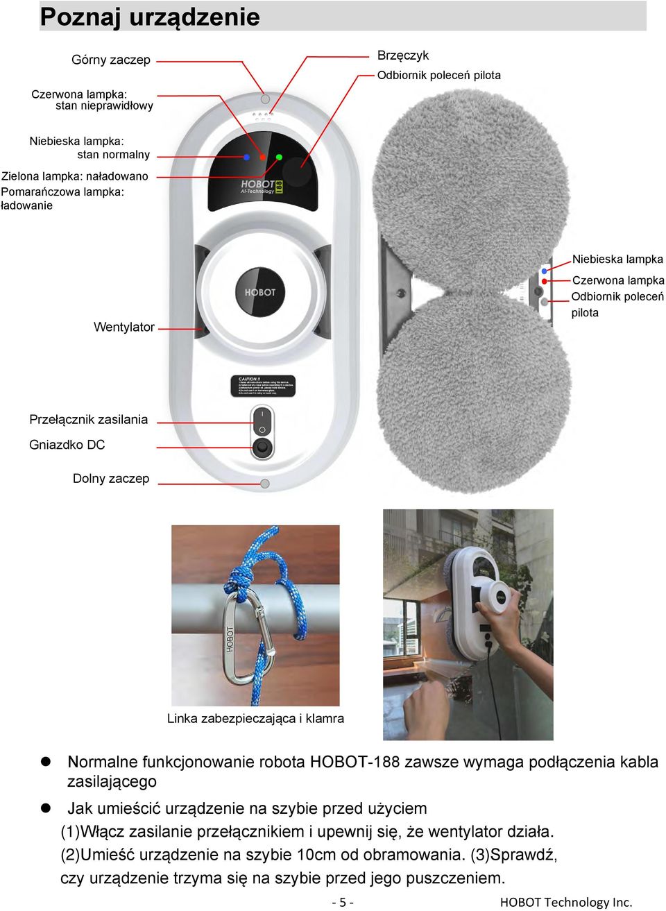 funkcjonowanie robota HOBOT-188 zawsze wymaga podłączenia kabla zasilającego Jak umieścić urządzenie na szybie przed użyciem (1)Włącz zasilanie przełącznikiem i upewnij się,