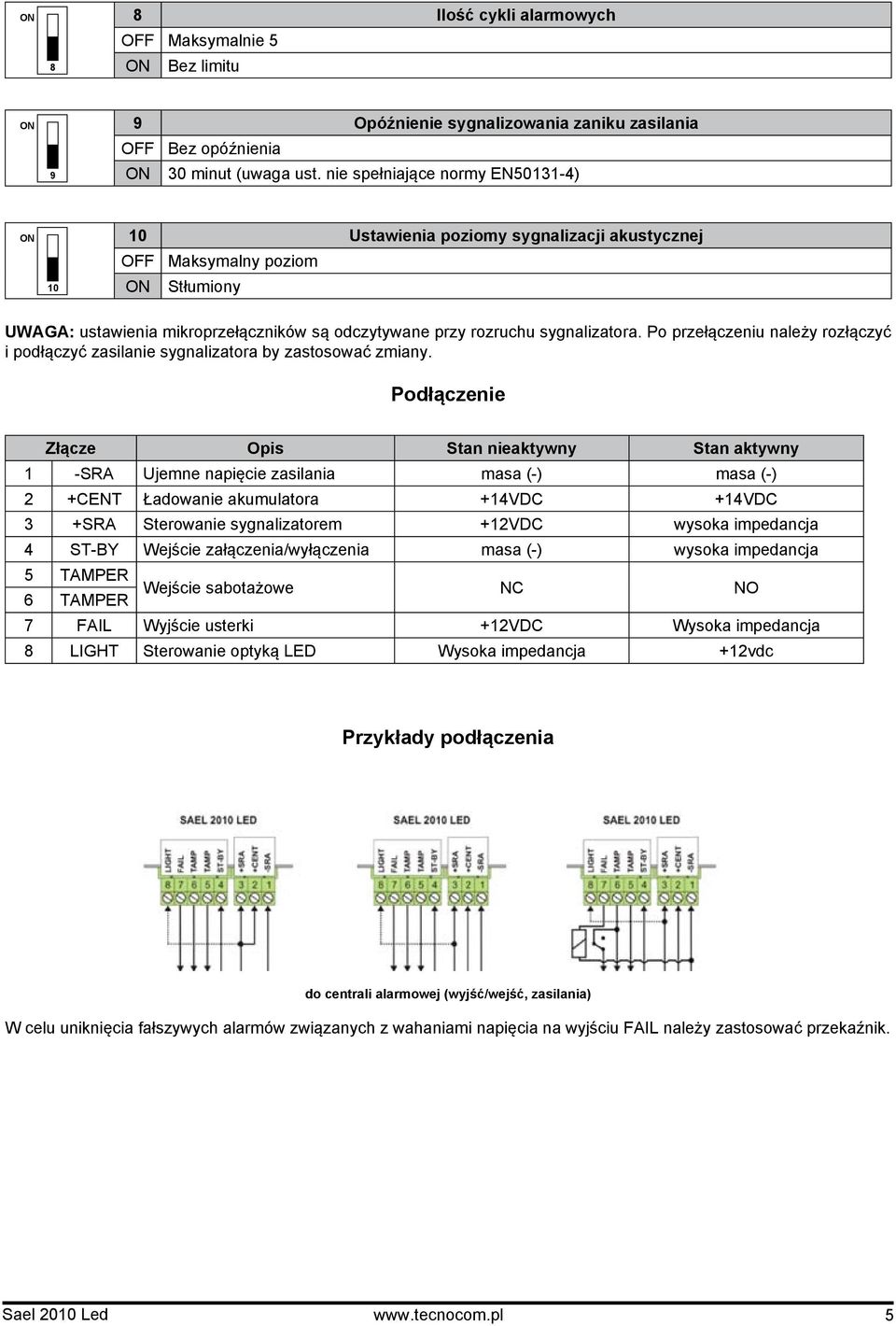 Po przełączeniu należy rozłączyć i podłączyć zasilanie sygnalizatora by zastosować zmiany.