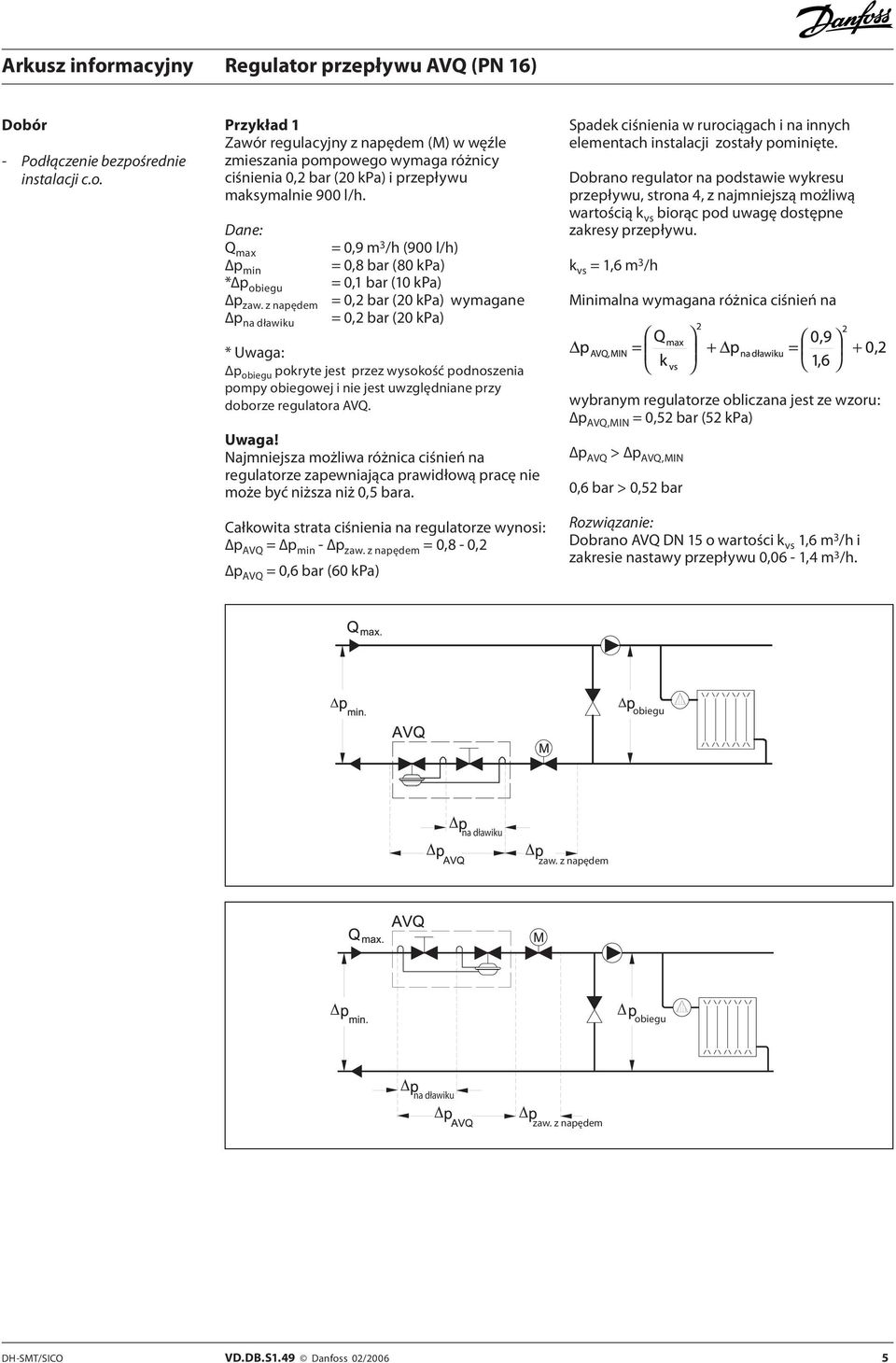 z napędem = 0,2 bar (20 kpa) wymagane p na dławiku = 0,2 bar (20 kpa) * Uwaga: Δp obiegu pokryte jest przez wysokość podnoszenia pompy obiegowej i nie jest uwzględniane przy doborze regulatora AVQ.