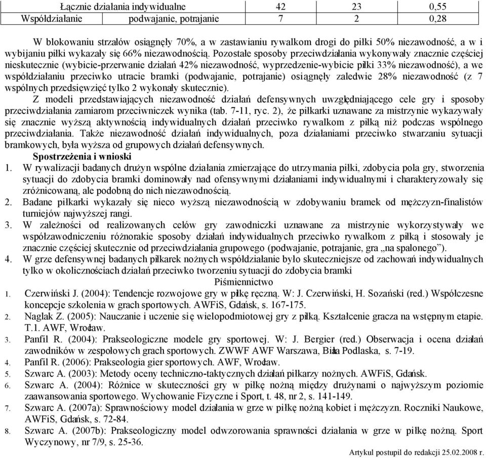 Pozostałe sposoby przeciwdziałania wykonywały znacznie częściej nieskutecznie (wybicie-przerwanie 42% niezawodność, wyprzedzenie-wybicie piłki 33% niezawodność), a we współdziałaniu przeciwko utracie
