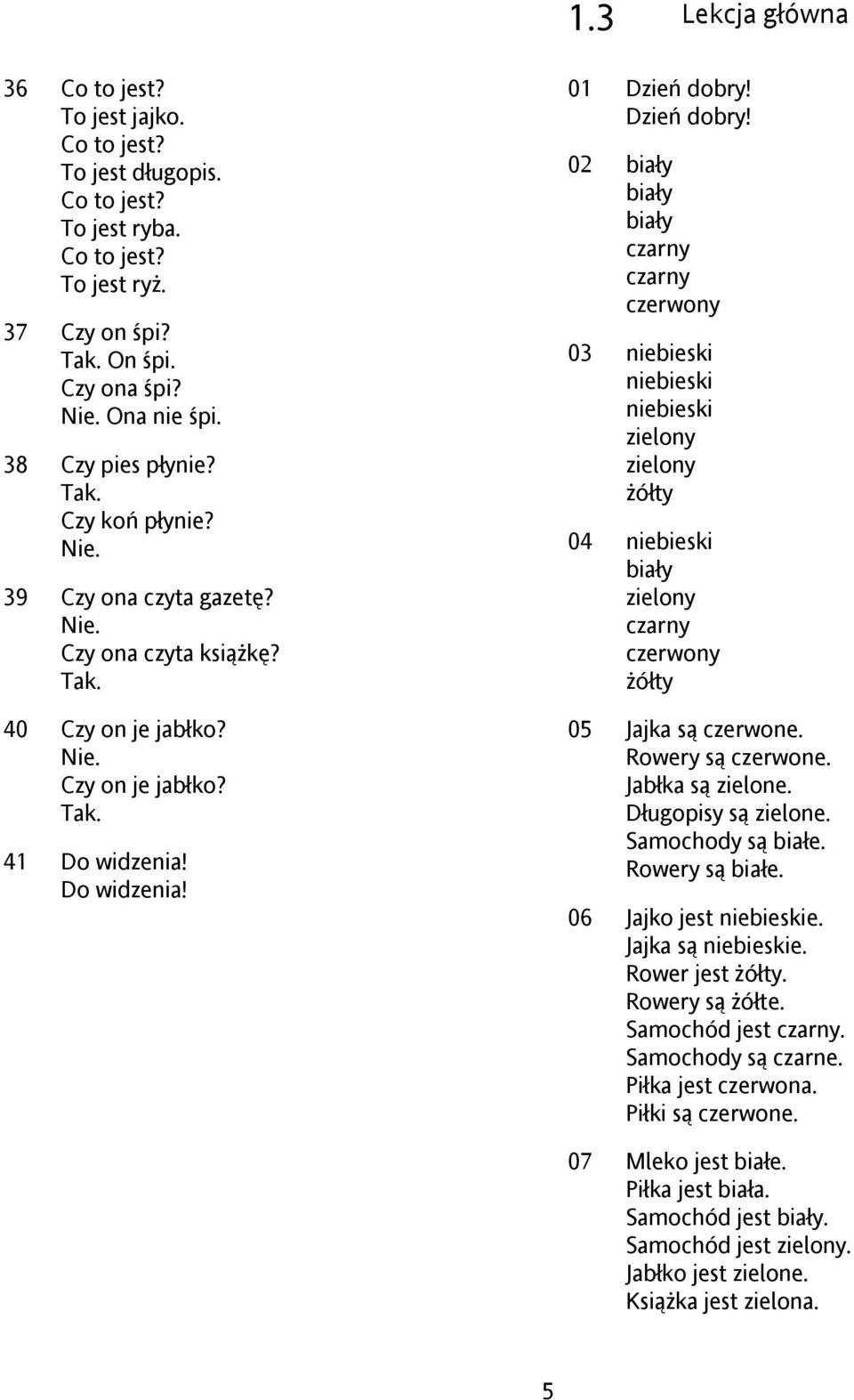 Dzień dobry! 02 biały biały biały czarny czarny czerwony 03 niebieski niebieski niebieski zielony zielony żółty 04 niebieski biały zielony czarny czerwony żółty 05 Jajka są czerwone.