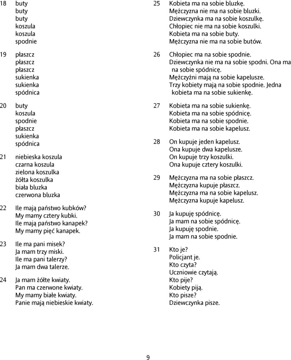 Ile ma pani talerzy? Ja mam dwa talerze. 24 Ja mam żółte kwiaty. Pan ma czerwone kwiaty. My mamy białe kwiaty. Panie mają niebieskie kwiaty. 25 Kobieta ma na sobie bluzkę.