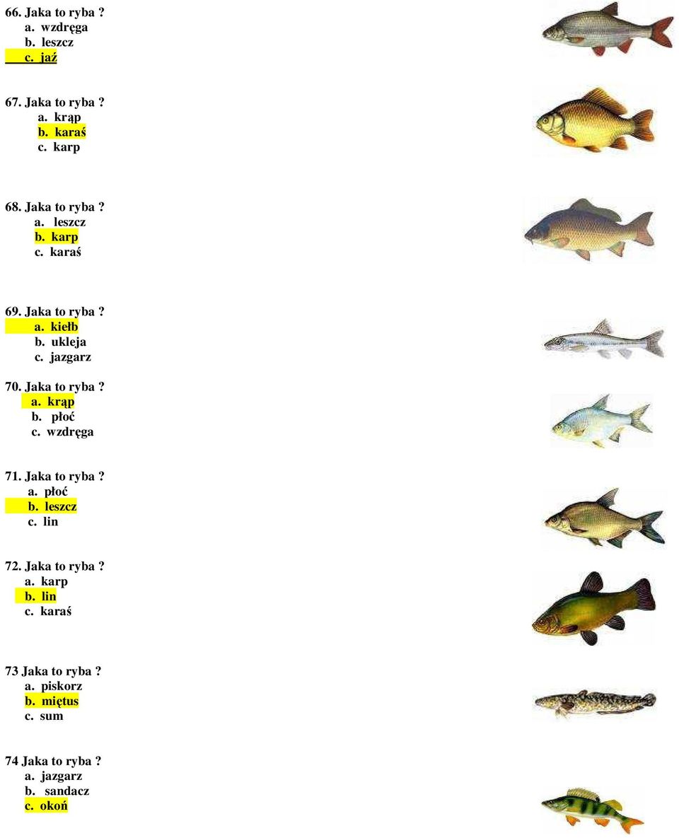 Jaka to ryba? a. krąp b. płoć c. wzdręga 71. Jaka to ryba? a. płoć b. leszcz c. lin 72. Jaka to ryba? a. karp b.