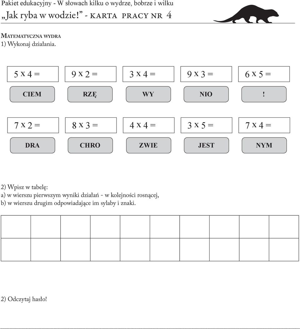 7 x 2 = 8 x 3 = 4 x 4 = 3 x 5 = 7 x 4 = DRA CHRO ZWIE JEST NYM 2) Wpisz w tabelę: a) w