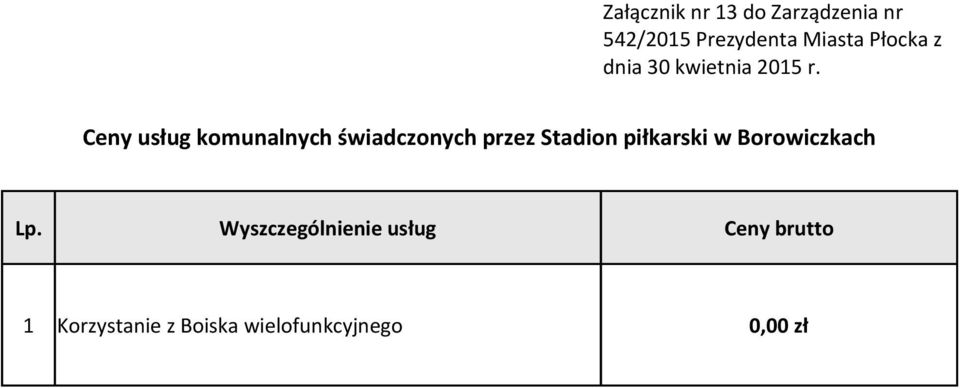 Ceny usług komunalnych świadczonych przez Stadion