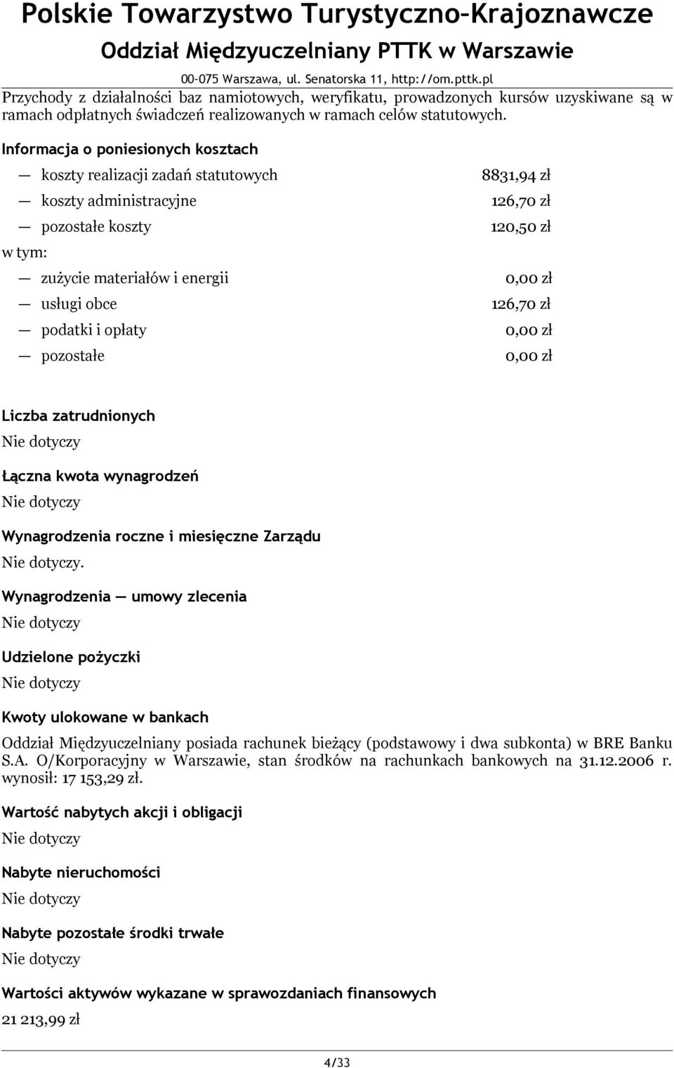 126,70 zł podatki i opłaty 0,00 zł pozostałe 0,00 zł Liczba zatrudnionych Nie dotyczy Łączna kwota wynagrodzeń Nie dotyczy Wynagrodzenia roczne i miesięczne Zarządu Nie dotyczy.