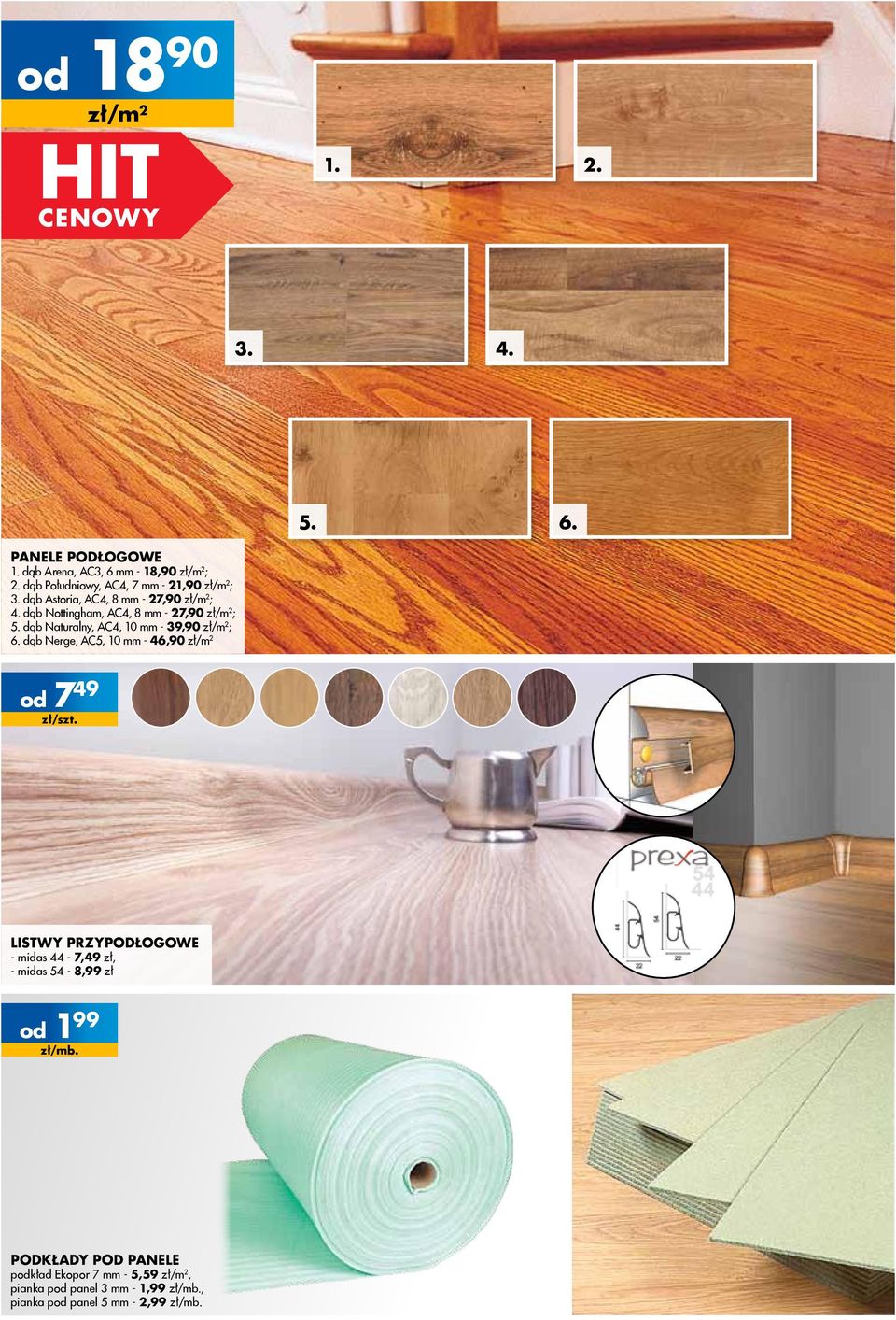 dąb Nottingham, AC4, 8 mm - 27,90 zł/m 2 ; 5. dąb Naturalny, AC4, 10 mm - 39,90 zł/m 2 ; 6.