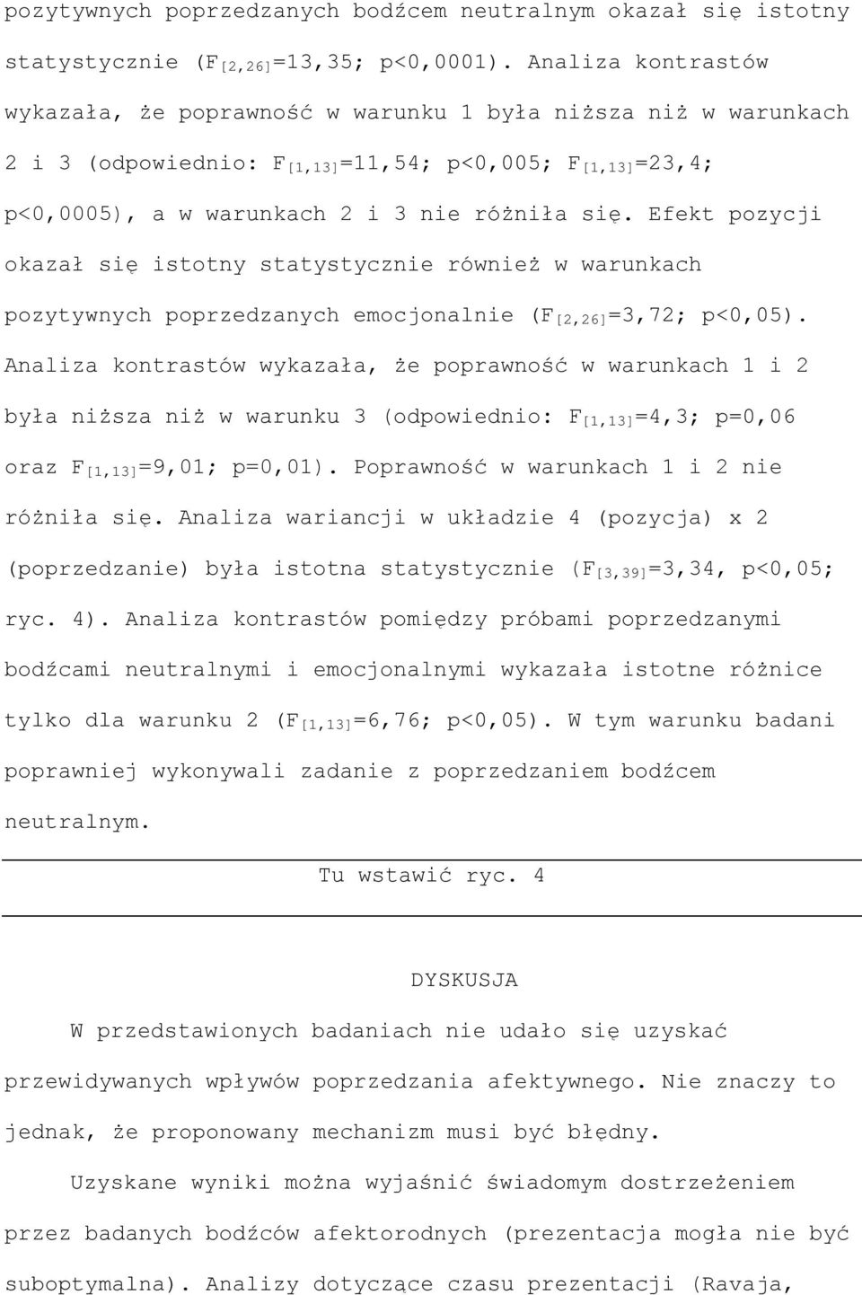 Efekt pozycji okazał się istotny statystycznie również w warunkach pozytywnych poprzedzanych emocjonalnie (F [2,26] =3,72; p<0,05).