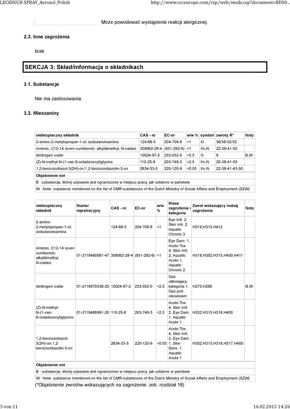 składnik CAS - nr EC-nr w/w % symbol zwroty R* Noty 2-amino-2-metylopropan-1-ol; izobutanoloamina 124-68-5 204-709-8 <1 Xi 36/38-52/53 Amines, C12-14 (even numbered)- alkyldimethyl, N-oxides
