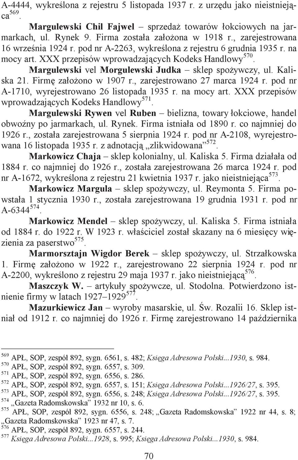 Margulewski vel Morgulewski Judka sklep spoywczy, ul. Kaliska 21. Firm zaoono w 1907 r., zarejestrowano 27 marca 1924 r. pod nr A-1710, wyrejestrowano 26 listopada 1935 r. na mocy art.