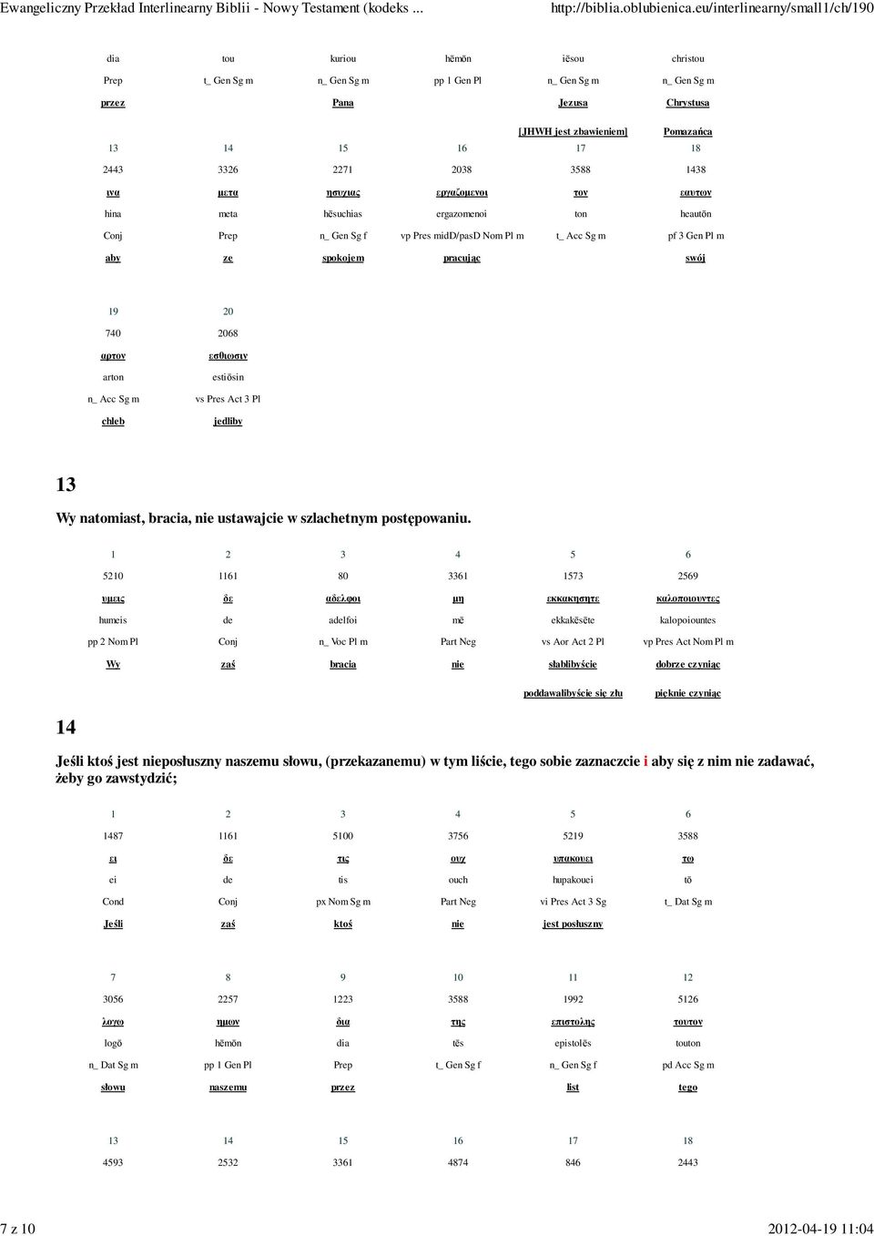 n_ G Sg f vp Pres mdd/pasd Nom Pl m t_ Acc Sg m pf G Pl m aby ze spokojem pracując swój 0 0 0 αρτν εσθιωσιν arton estōsn n_ Acc Sg m vs Pres Act Pl chleb jedlby Wy natomast, braca, ne ustawajce w