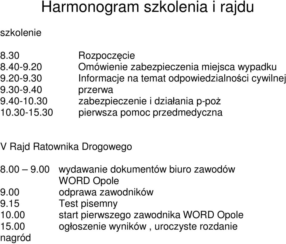 30 pierwsza pomoc przedmedyczna V Rajd Ratownika Drogowego 8.00 9.00 wydawanie dokumentów biuro zawodów WORD Opole 9.