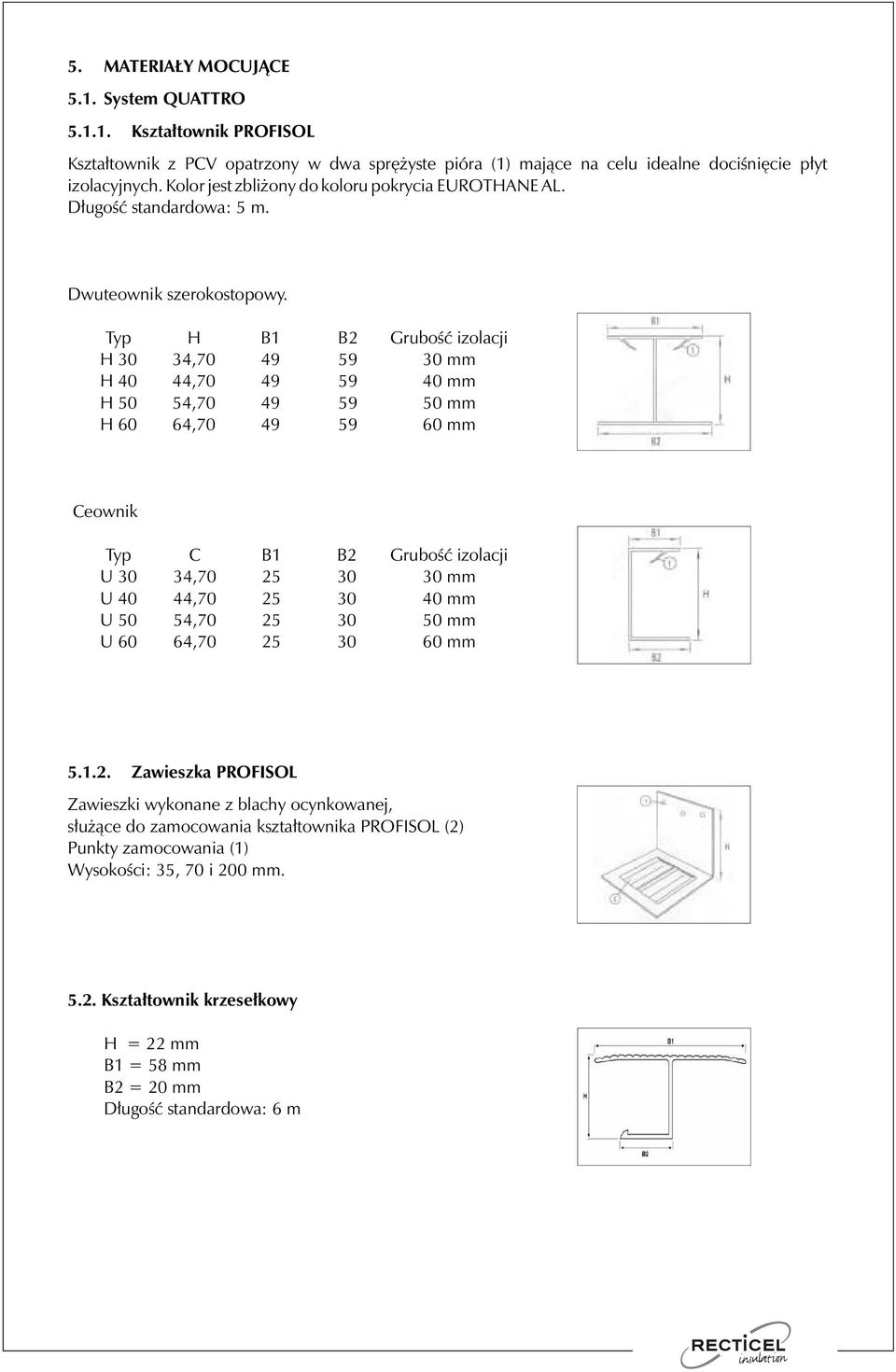 Typ H B1 B2 Grubość izolacji H 30 34,70 49 59 30 mm H 40 44,70 49 59 40 mm H 50 54,70 49 59 50 mm H 60 64,70 49 59 60 mm Ceownik Typ C B1 B2 Grubość izolacji U 30 34,70 25 30 30 mm U 40 44,70 25 30