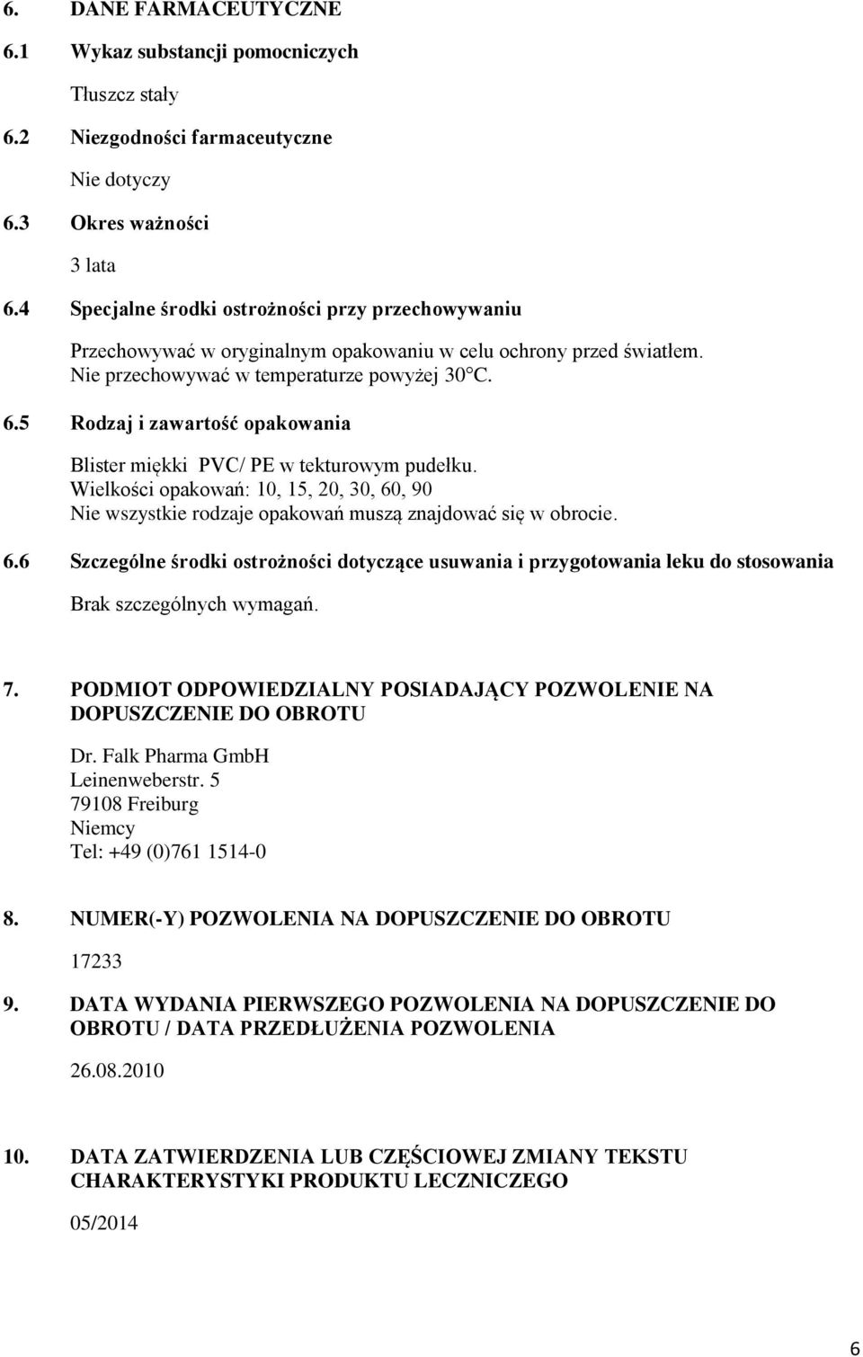 5 Rodzaj i zawartość opakowania Blister miękki PVC/ PE w tekturowym pudełku. Wielkości opakowań: 10, 15, 20, 30, 60