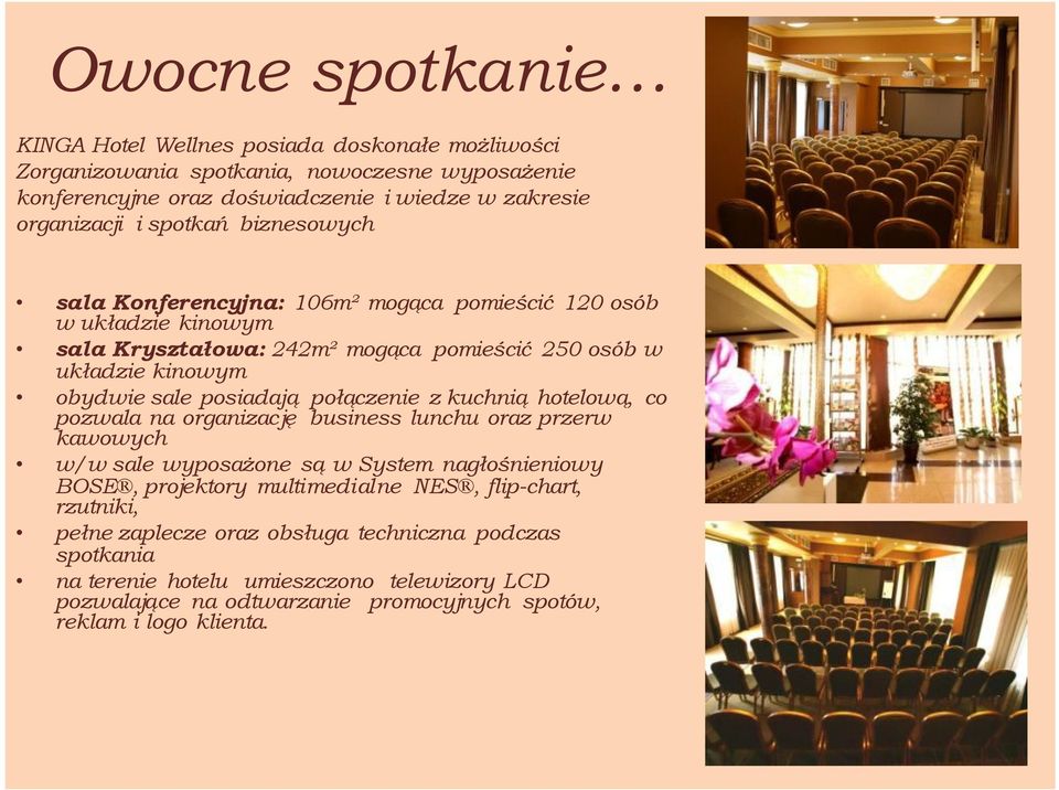 połączenie z kuchnią hotelową, co pozwala na organizację business lunchu oraz przerw kawowych w/w sale wyposażone są w System nagłośnieniowy BOSE, projektory multimedialne NES,