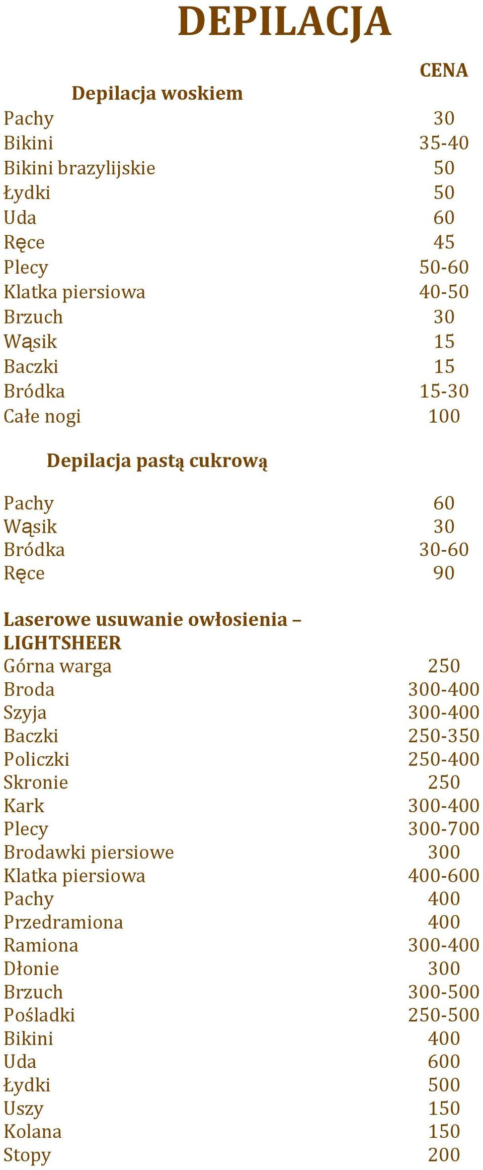 Górnawarga 250 Broda 300 400 Szyja 300 400 Baczki 250 350 Policzki 250 400 Skronie 250 Kark 300 400 Plecy 300 700 Brodawkipiersiowe 300