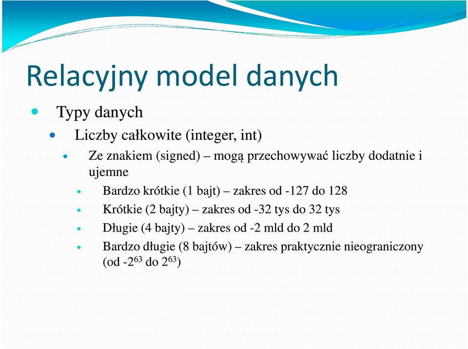 128 Krótkie (2 bajty) zakres od -32 tys do 32 tys Długie (4 bajty) zakres od -2