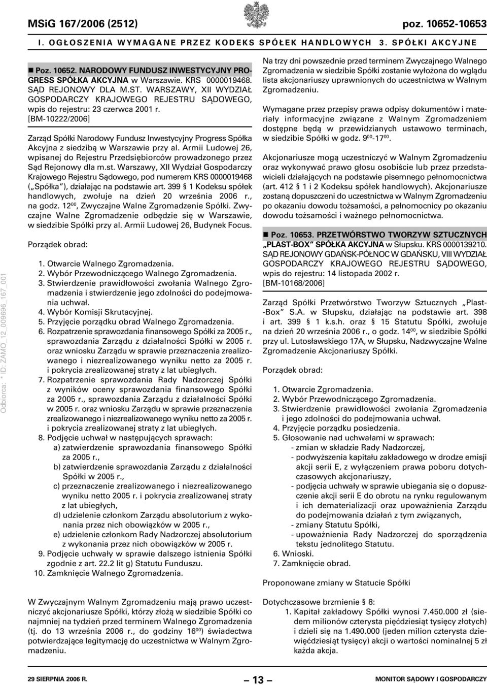 [BM-10222/2006] Zarząd Spółki Narodowy Fundusz Inwestycyjny Progress Spółka Akcyjna z siedzibą w Warszawie przy al.