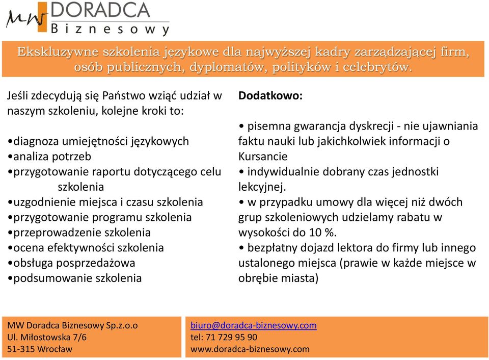 Dodatkowo: pisemna gwarancja dyskrecji - nie ujawniania faktu nauki lub jakichkolwiek informacji o Kursancie indywidualnie dobrany czas jednostki lekcyjnej.