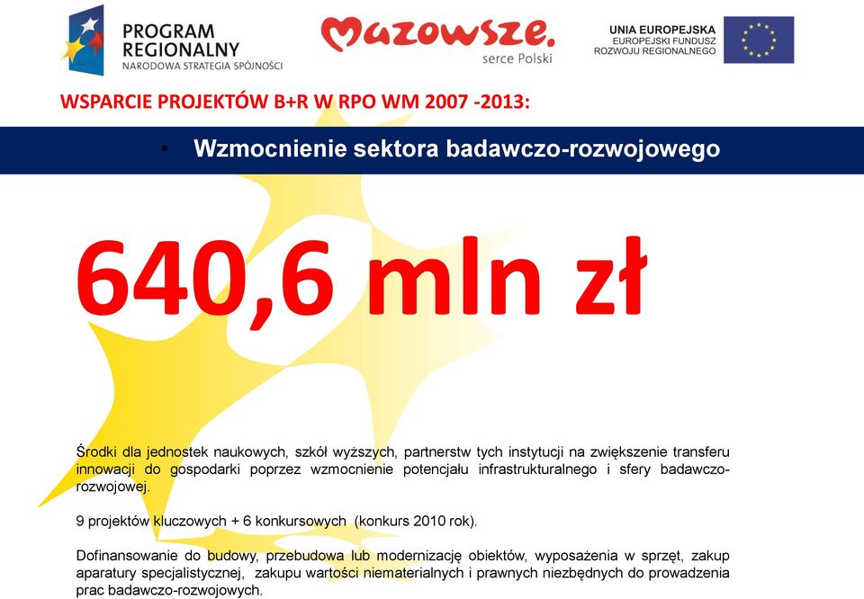 sfery badawczorozwojowej. 9 projektów kluczowych + 6 konkursowych (konkurs 2010 rok).