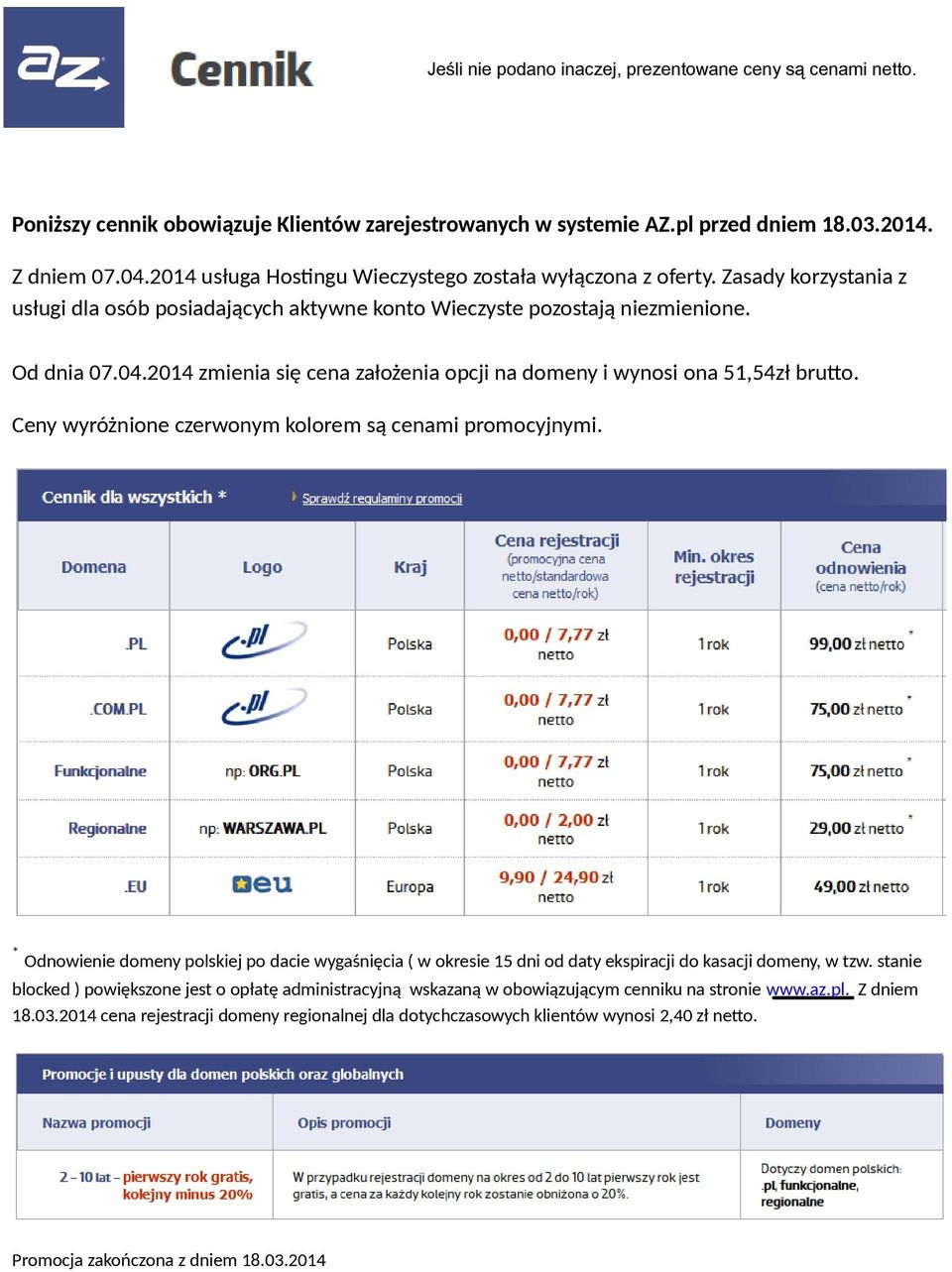 2014 zmienia się cena założenia opcji na domeny i wynosi ona 51,54zł brutto. Ceny wyróżnione czerwonym kolorem są cenami promocyjnymi.