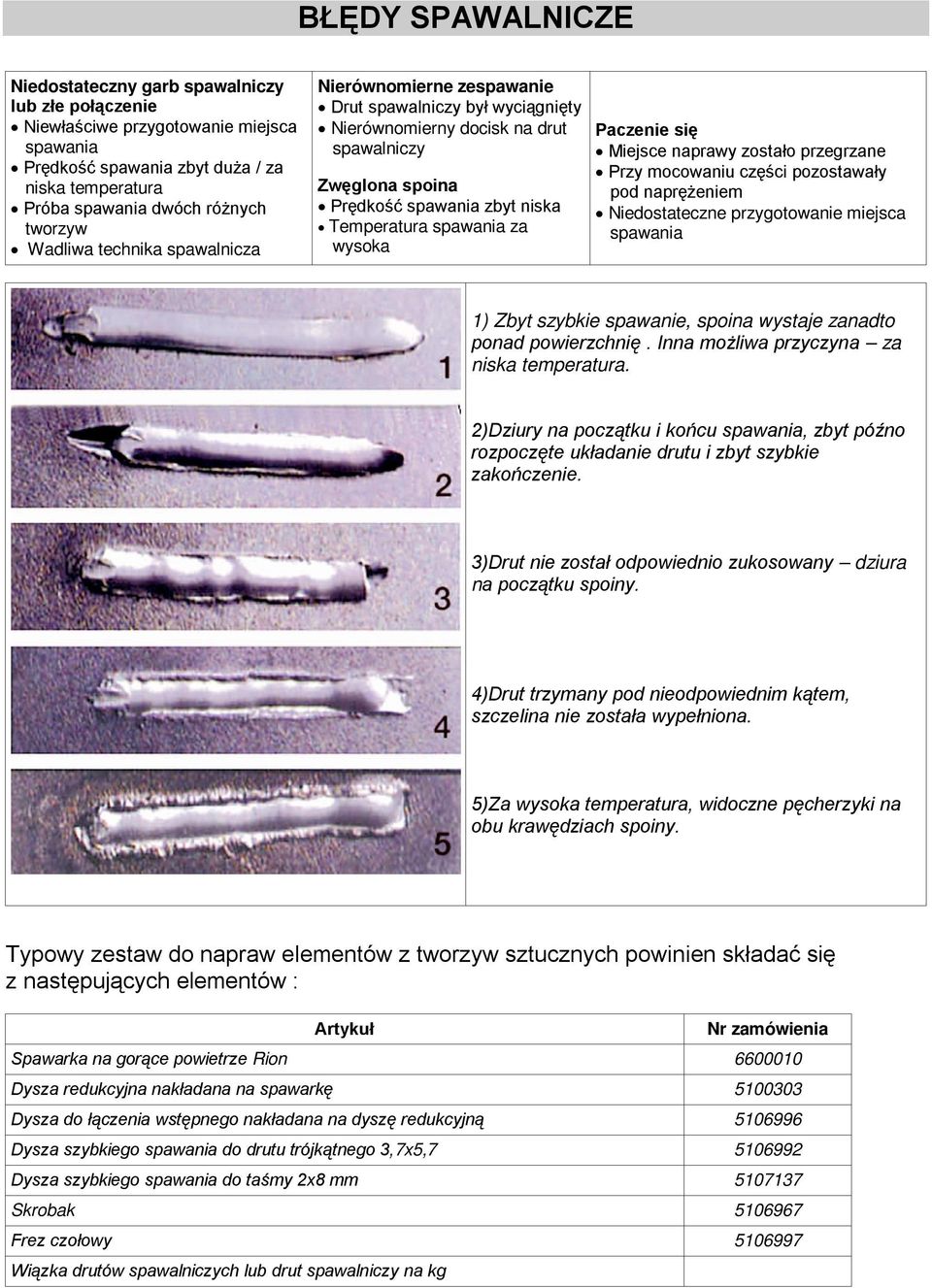 wysoka Paczenie się Miejsce naprawy zostało przegrzane Przy mocowaniu części pozostawały pod naprężeniem Niedostateczne przygotowanie miejsca spawania 1) Zbyt szybkie spawanie, spoina wystaje zanadto