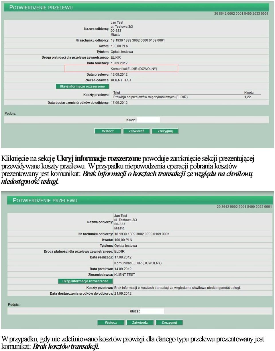 W przypadku niepowodzenia operacji pobrania kosztów prezentowany jest komunikat: Brak informacji o