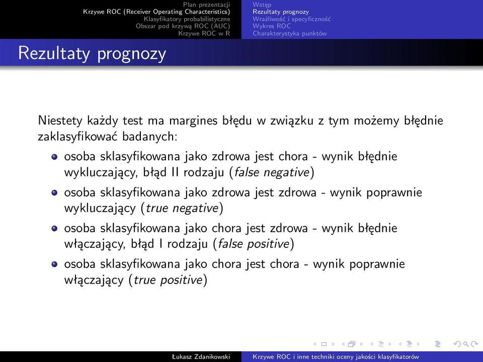 zdrowa - wynik poprawnie wykluczający (true negative) osoba sklasyfikowana jako chora jest zdrowa - wynik błędnie