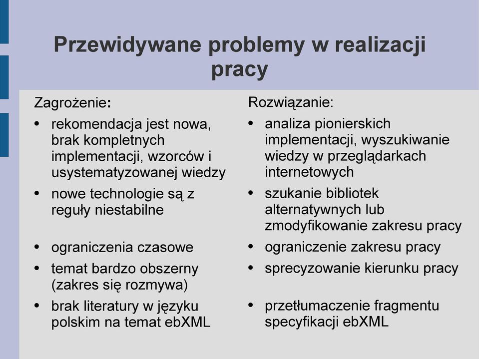 polskim na temat ebxml Rozwiązanie: analiza pionierskich implementacji, wyszukiwanie wiedzy w przeglądarkach internetowych szukanie