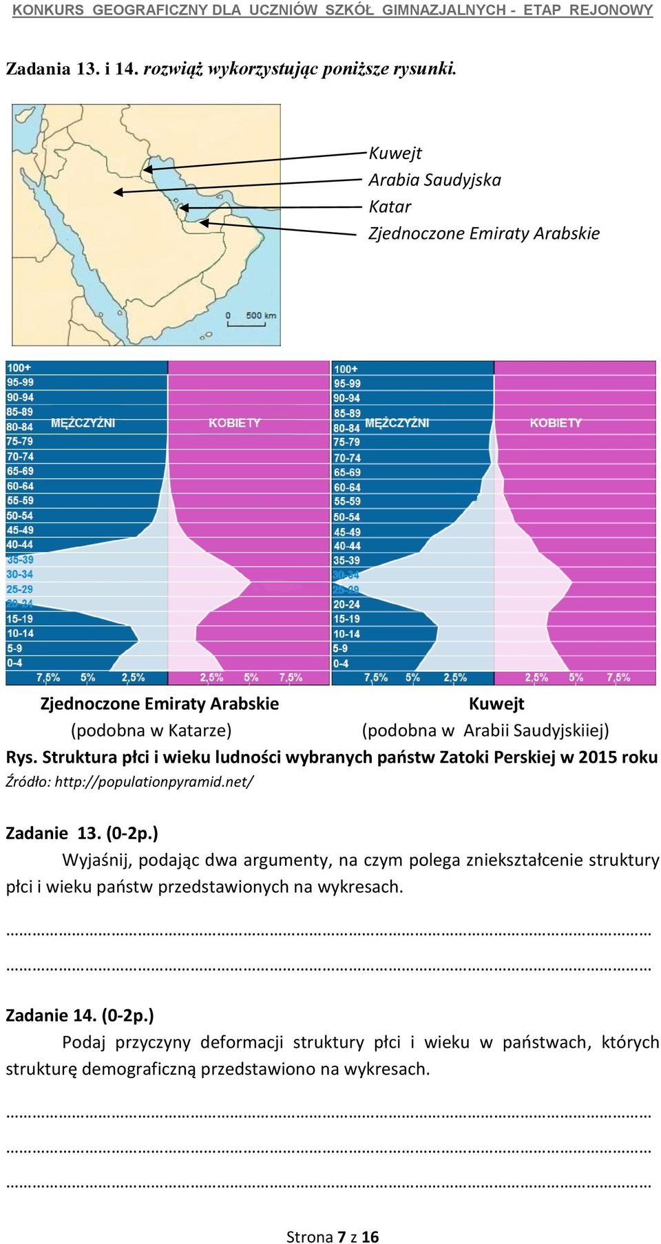 Struktura płci i wieku ludności wybranych państw Zatoki Perskiej w 2015 roku Źródło: http://populationpyramid.net/ Zadanie 13. (0-2p.