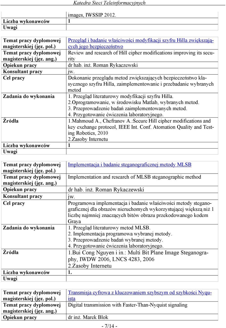 Roman Rykaczewski jw. Dokonanie przeglądu metod zwiększających bezpieczeństwo kla- metod sycznego szyfru Hilla, zaimplementowanie i przebadanie wybranych 1.