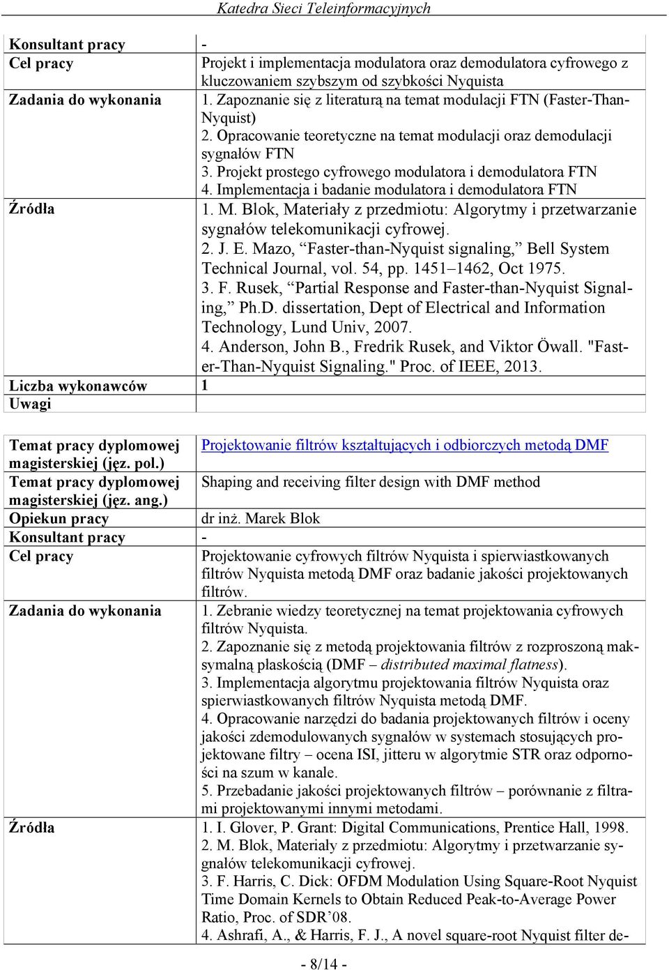 Blok, Materiały z przedmiotu: Algorytmy i przetwarzanie sygnałów telekomunikacji cyfrowej. 2. J. E. Mazo, Faster-than-Nyquist signaling, Bell System Technical Journal, vol. 54, pp.