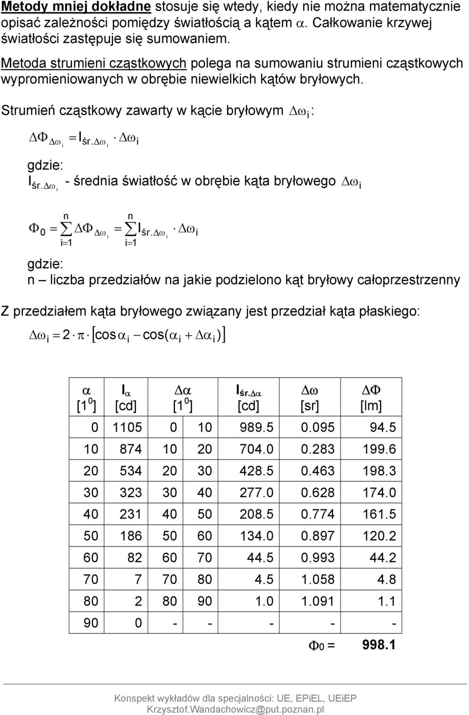 ω i ω i ωi : gdzie: Iśr. ω - średnia światłość w obrębie kąta bryłowego ωi Φ i = n Φ = 0 ω i śr.