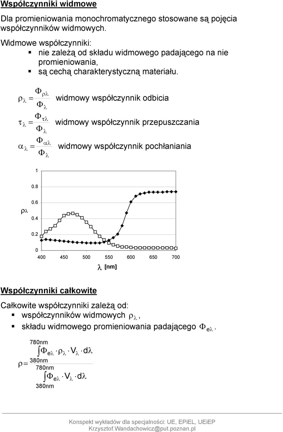 Φρλ ρ λ = widmowy współczynnik odbicia Φλ Φ τλ τ λ = widmowy współczynnik przepuszczania Φλ Φαλ α λ = widmowy współczynnik pochłaniania Φ λ 1 0.8 ρλ 0.6 0.