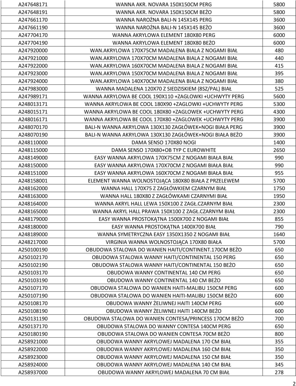 AKRYLOWA ELEMENT 180X80 BEŻO 6000 A247920000 WAN.AKRYLOWA 170X75CM MADALENA BIALA Z NOGAMI BIAŁ 480 A247921000 WAN.AKRYLOWA 170X70CM MADALENA BIALA Z NOGAMI BIAŁ 440 A247922000 WAN.