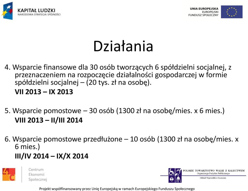 działalności gospodarczej w formie spółdzielni socjalnej (20 tys. zł na osobę). VII 2013 IX 2013 5.