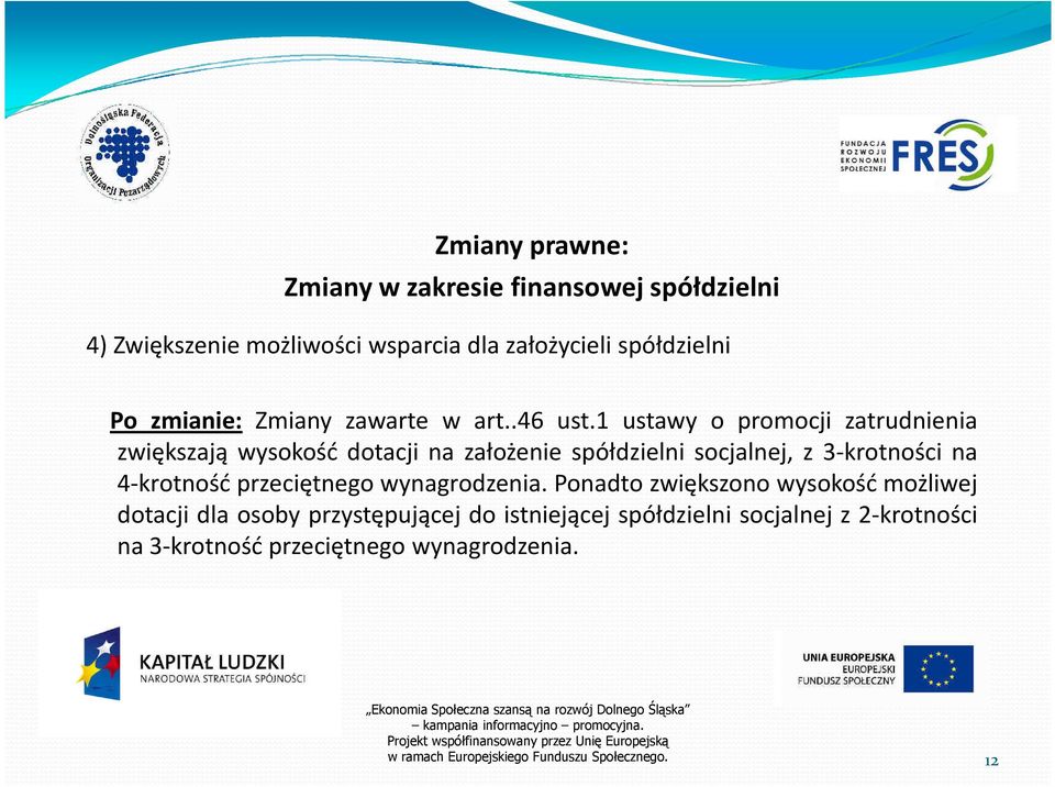 1 ustawy o promocji zatrudnienia zwiększają wysokość dotacji na założenie spółdzielni socjalnej, z 3-krotności na 4-krotność