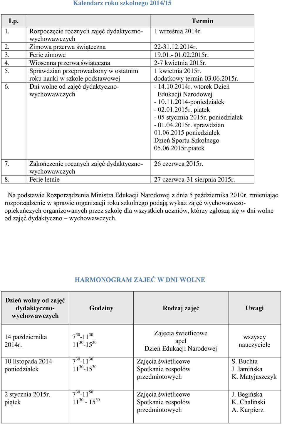 Dni wolne od zajęć dydaktycznowychowawczych - 14.10.2014r. wtorek Dzień Edukacji Narodowej - 10.11.2014-poniedziałek - 02.01.2015r. piątek - 05 stycznia 2015r. poniedziałek - 01.04.2015r. sprawdzian 01.