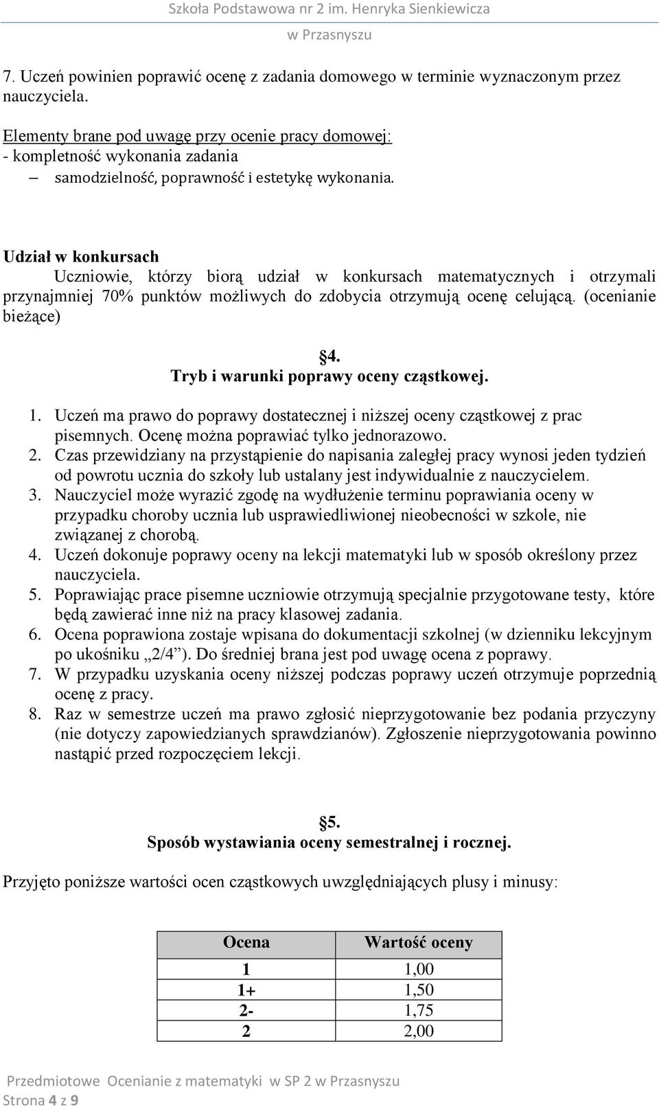 Udział w konkursach Uczniowie, którzy biorą udział w konkursach matematycznych i otrzymali przynajmniej 70% punktów możliwych do zdobycia otrzymują ocenę celującą. (ocenianie bieżące) 4.