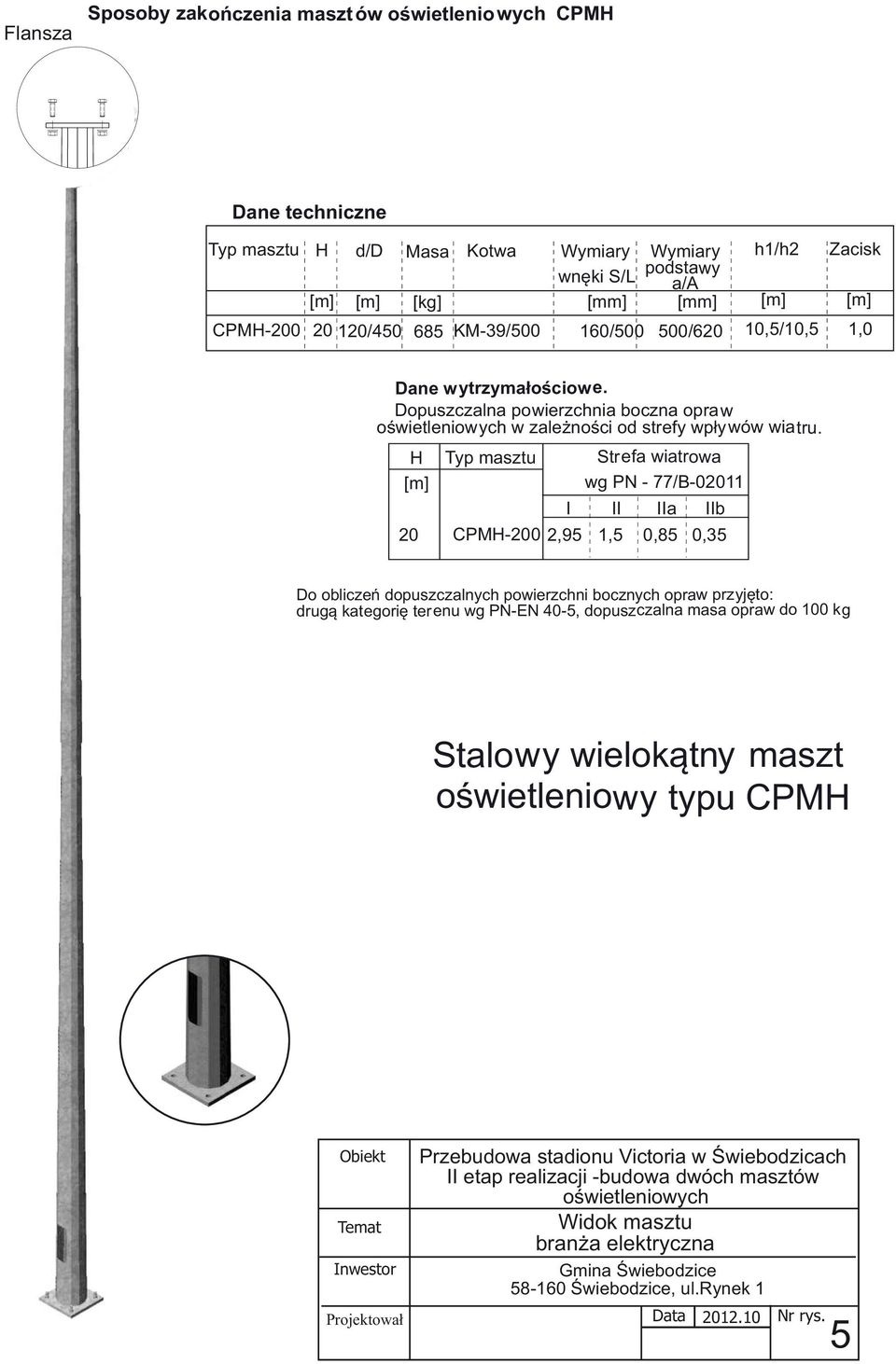 Strefa wiatrowa wg PN - 77/B-02011 I II IIa IIb CPMH-200 2,95 1,5 0,85 0,35 H Typ masztu [m] 20 Do obliczeń dopuszczalnych powierzchni bocznych opraw przyjęto: drugą kategorię terenu wg PN-EN 40-5,