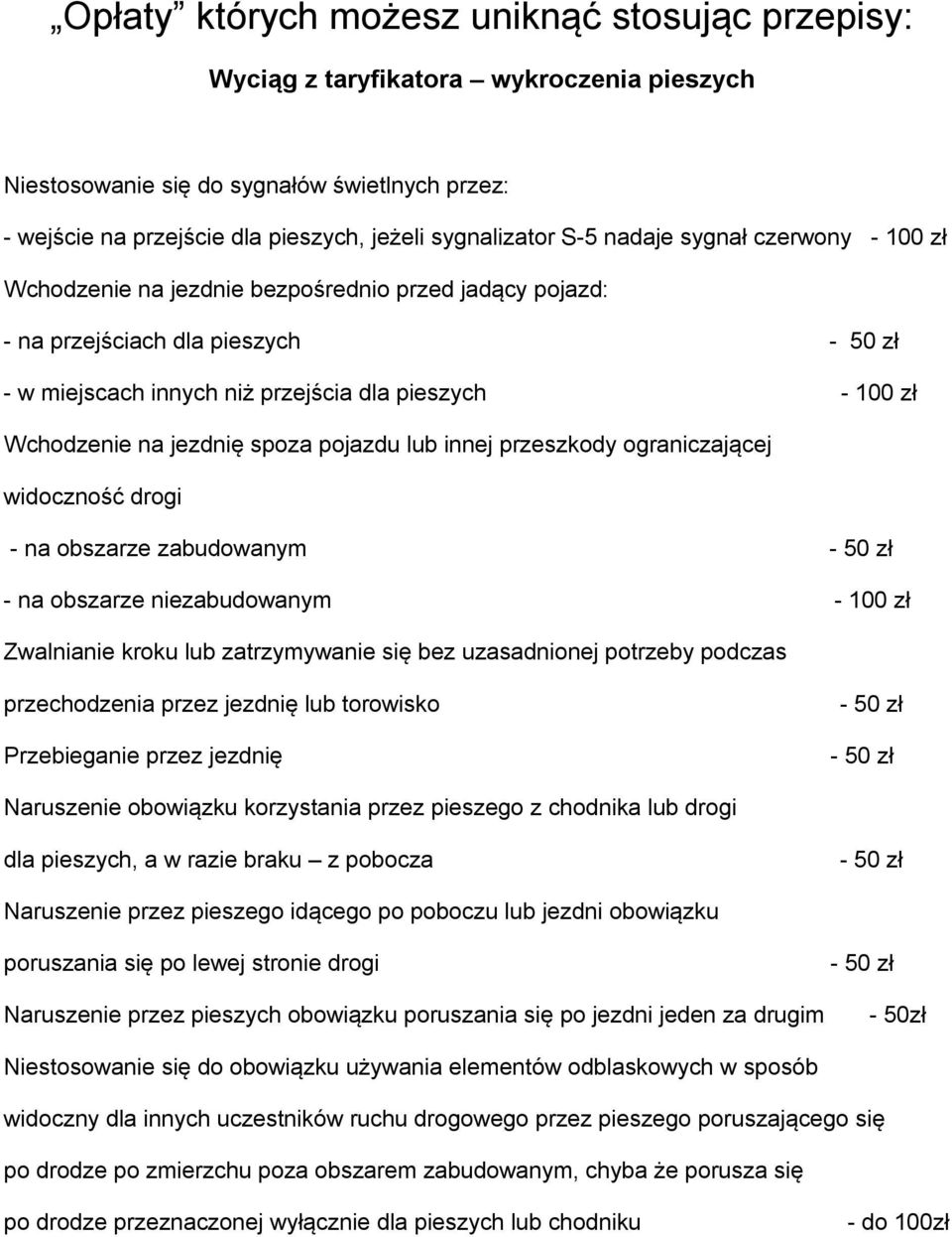 jezdnię spoza pojazdu lub innej przeszkody ograniczającej widoczność drogi - na obszarze zabudowanym - na obszarze niezabudowanym - 100 zł Zwalnianie kroku lub zatrzymywanie się bez uzasadnionej